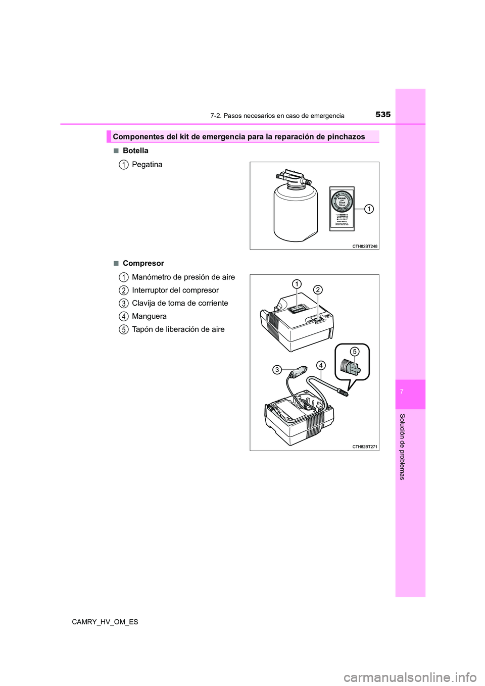 TOYOTA CAMRY 2022 Manual del propietario (in Spanish) 5357-2. Pasos necesarios en caso de emergencia
7
Solución de problemas
CAMRY_HV_OM_ES
■Botella
Pegatina
■Compresor
Manómetro de presión de aire
Interruptor del compresor
Clavija de toma de TOYOTA CAMRY 2022 Manual del propietario (in Spanish) 5357-2. Pasos necesarios en caso de emergencia
7
Solución de problemas
CAMRY_HV_OM_ES
■Botella
Pegatina
■Compresor
Manómetro de presión de aire
Interruptor del compresor
Clavija de toma de