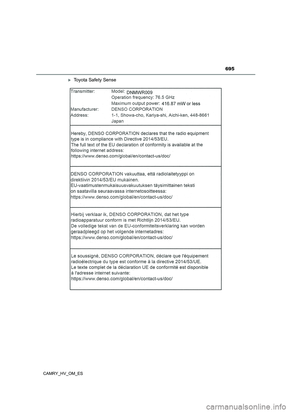 TOYOTA CAMRY 2022  Manual del propietario (in Spanish) 695
CAMRY_HV_OM_ES
Toyota Safety Sense 