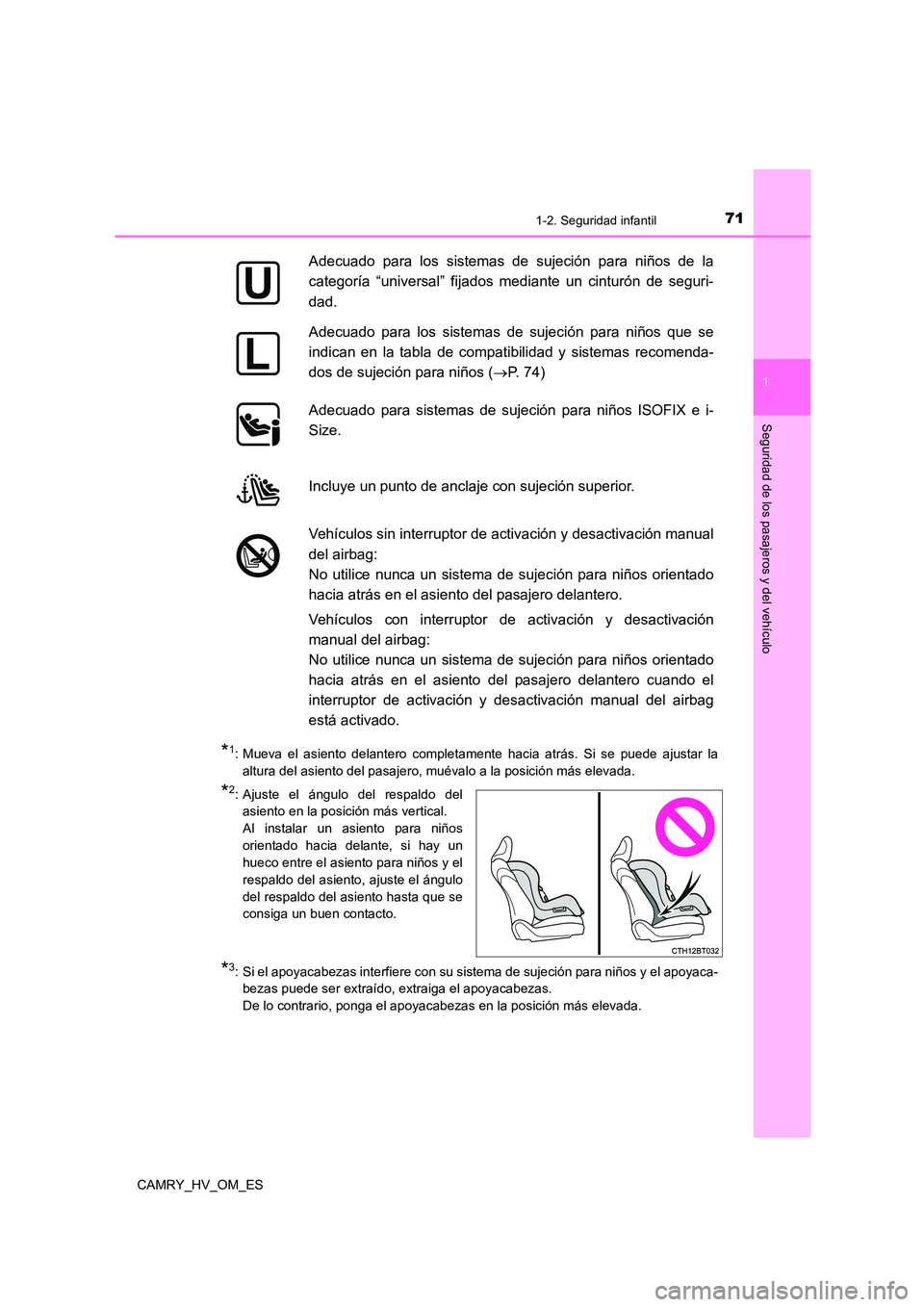 TOYOTA CAMRY 2022 Manual del propietario (in Spanish) 711-2. Seguridad infantil
1
Seguridad de los pasajeros y del vehículo
CAMRY_HV_OM_ES
*1: Mueva el asiento delantero completamente hacia atrás. Si se puede ajustar la
altura del asiento del pasajero TOYOTA CAMRY 2022 Manual del propietario (in Spanish) 711-2. Seguridad infantil
1
Seguridad de los pasajeros y del vehículo
CAMRY_HV_OM_ES
*1: Mueva el asiento delantero completamente hacia atrás. Si se puede ajustar la
altura del asiento del pasajero