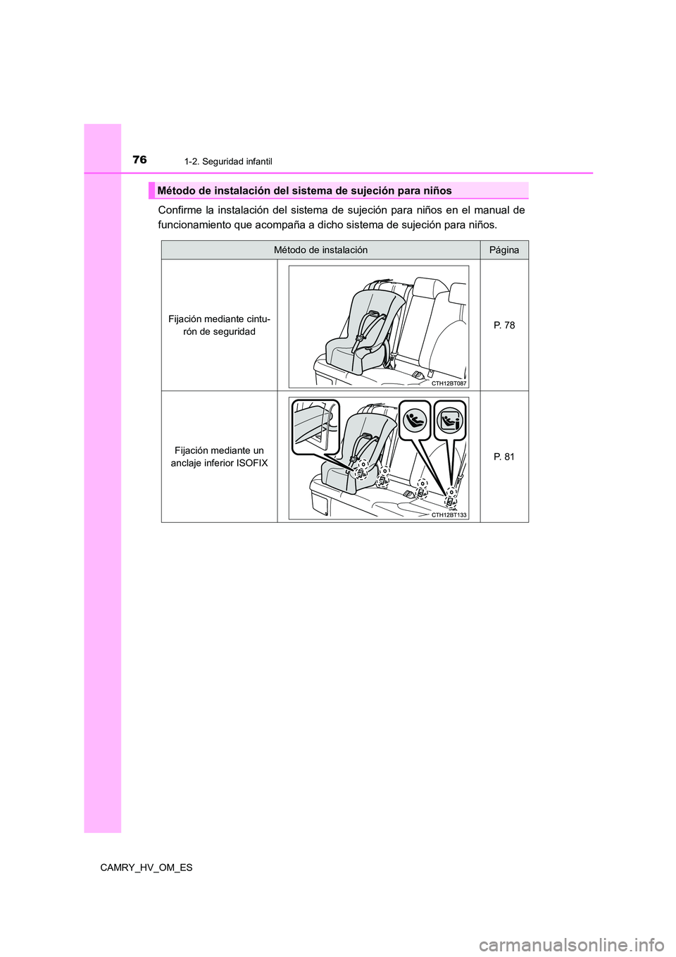 TOYOTA CAMRY 2022 Manual del propietario (in Spanish) 761-2. Seguridad infantil
CAMRY_HV_OM_ES
Confirme la instalación del sistema de sujeción para niños en el manual de
funcionamiento que acompaña a dicho sistema de sujeción para niños.
Método d TOYOTA CAMRY 2022 Manual del propietario (in Spanish) 761-2. Seguridad infantil
CAMRY_HV_OM_ES
Confirme la instalación del sistema de sujeción para niños en el manual de
funcionamiento que acompaña a dicho sistema de sujeción para niños.
Método d