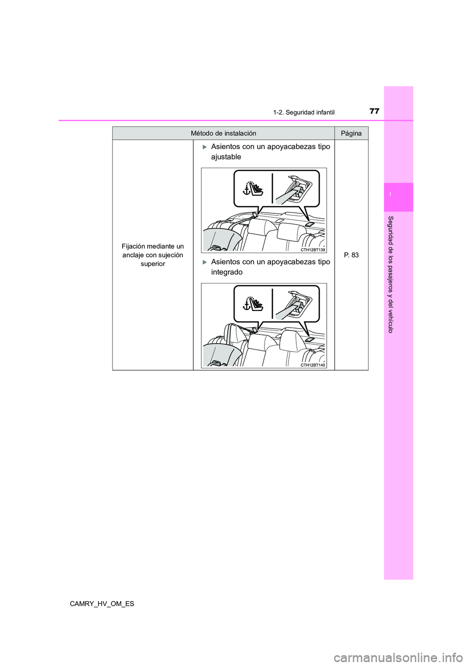 TOYOTA CAMRY 2022 Manual del propietario (in Spanish) 771-2. Seguridad infantil
1
Seguridad de los pasajeros y del vehículo
CAMRY_HV_OM_ES
Fijación mediante un
anclaje con sujeción
superior
Asientos con un apoyacabezas tipo
ajustable
P. 8 3 TOYOTA CAMRY 2022 Manual del propietario (in Spanish) 771-2. Seguridad infantil
1
Seguridad de los pasajeros y del vehículo
CAMRY_HV_OM_ES
Fijación mediante un
anclaje con sujeción
superior
Asientos con un apoyacabezas tipo
ajustable
P. 8 3