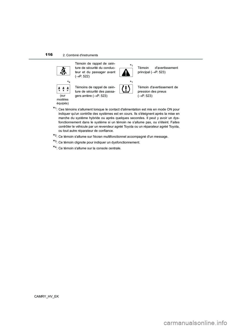 TOYOTA CAMRY 2022 Manuel du propriétaire (in French) 1162. Combiné dinstruments
CAMRY_HV_EK
*1: Ces témoins sallument lorsque le contact dalimentation est mis en mode ON pour
indiquer quun contrôle des systèmes est en cours. Ils séteignent a TOYOTA CAMRY 2022 Manuel du propriétaire (in French) 1162. Combiné dinstruments
CAMRY_HV_EK
*1: Ces témoins sallument lorsque le contact dalimentation est mis en mode ON pour
indiquer quun contrôle des systèmes est en cours. Ils séteignent a