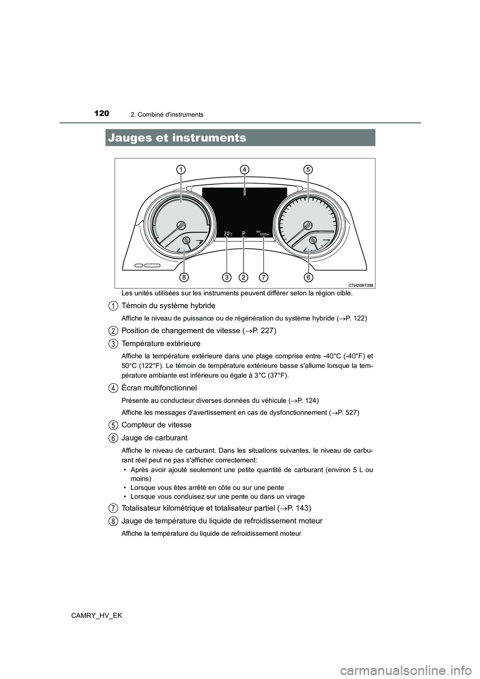 TOYOTA CAMRY 2022 Manuel du propriétaire (in French) 1202. Combiné dinstruments
CAMRY_HV_EK
Les unités utilisées sur les instruments peuvent différer selon la région cible.
Témoin du système hybride
Affiche le niveau de puissance ou de régén TOYOTA CAMRY 2022 Manuel du propriétaire (in French) 1202. Combiné dinstruments
CAMRY_HV_EK
Les unités utilisées sur les instruments peuvent différer selon la région cible.
Témoin du système hybride
Affiche le niveau de puissance ou de régén