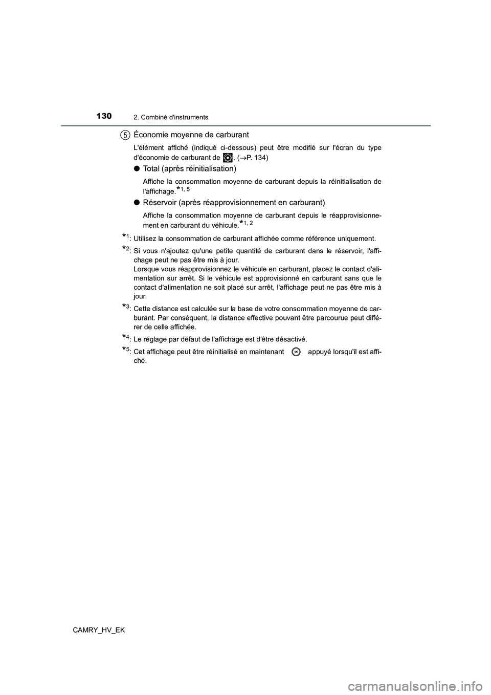TOYOTA CAMRY 2022  Manuel du propriétaire (in French) 1302. Combiné dinstruments
CAMRY_HV_EK
Économie moyenne de carburant
Lélément affiché (indiqué ci-dessous) peut être modifié sur lécran du type 
déconomie de carburant de  . ( P. 134)