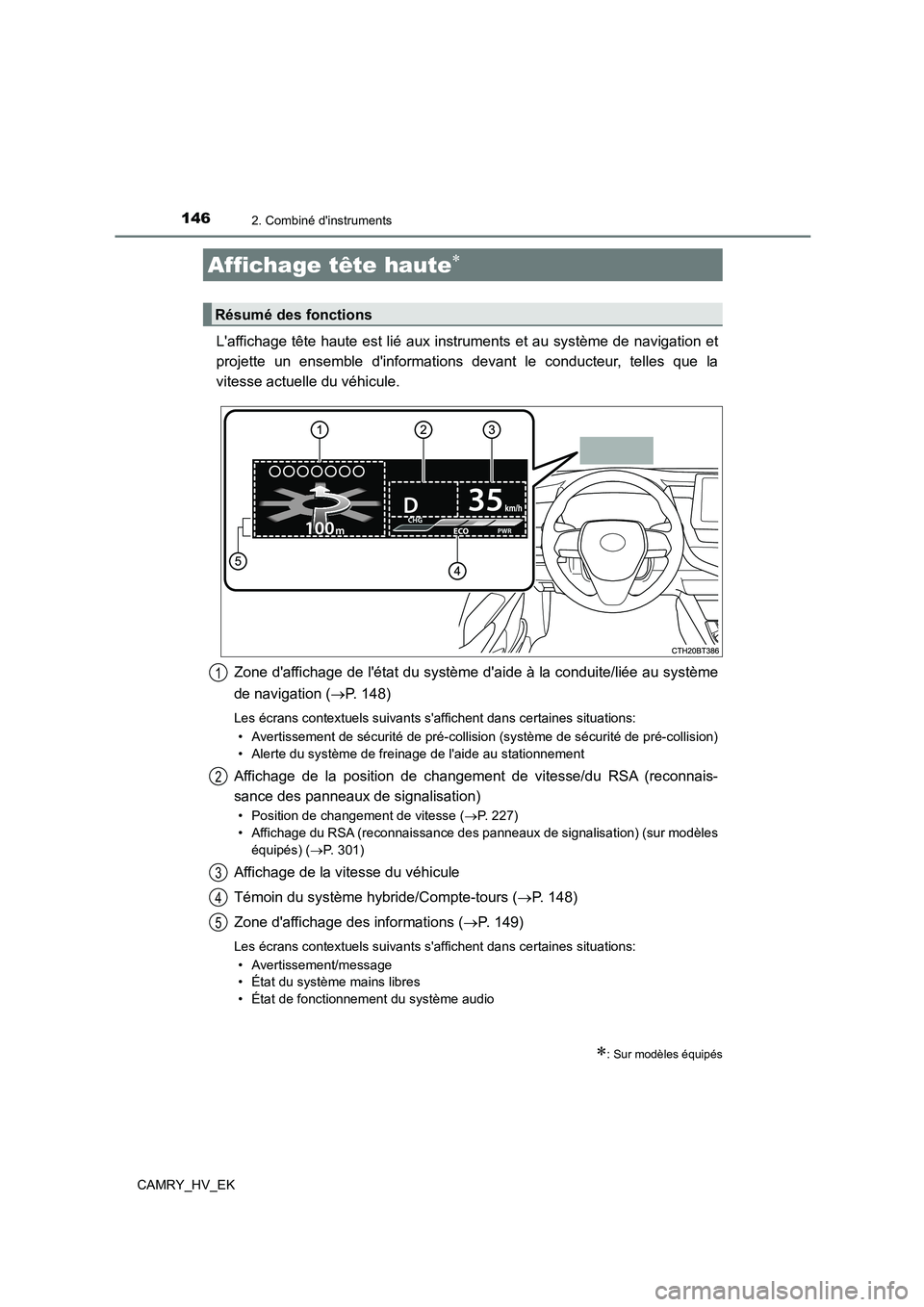 TOYOTA CAMRY 2022  Manuel du propriétaire (in French) 1462. Combiné dinstruments
CAMRY_HV_EK
Laffichage tête haute est lié aux instruments et au système de navigation et 
projette un ensemble dinformations devant le conducteur, telles que la 
vite