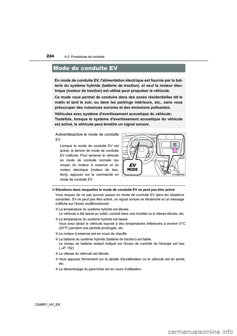 TOYOTA CAMRY 2022  Manuel du propriétaire (in French) 2244-2. Procédures de conduite
CAMRY_HV_EK
Active/désactive le mode de conduite 
EV
Lorsque le mode de conduite EV est 
activé, le témoin de mode de conduite
EV sallume. Pour ramener le véhicule