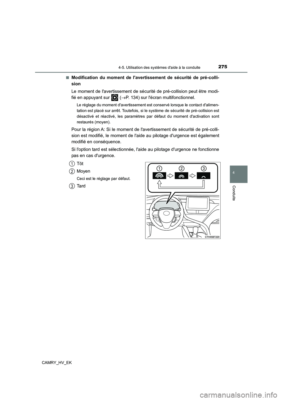 TOYOTA CAMRY 2022 Manuel du propriétaire (in French) 2754-5. Utilisation des systèmes daide à la conduite
4
Conduite
CAMRY_HV_EK
■Modification du moment de lavert issement de sécurité de pré-colli-
sion
Le moment de lavertissement de sécur TOYOTA CAMRY 2022 Manuel du propriétaire (in French) 2754-5. Utilisation des systèmes daide à la conduite
4
Conduite
CAMRY_HV_EK
■Modification du moment de lavert issement de sécurité de pré-colli-
sion
Le moment de lavertissement de sécur