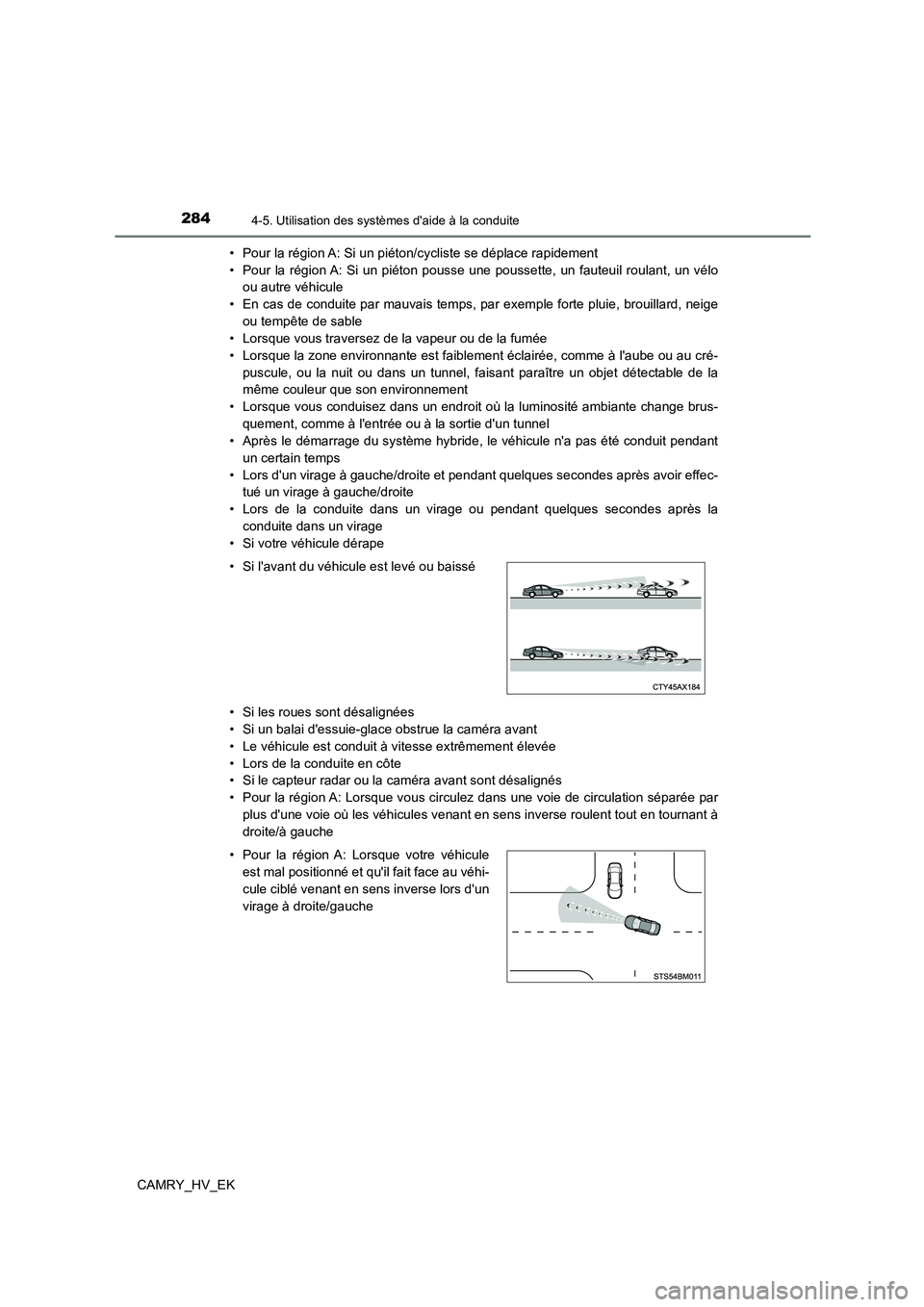 TOYOTA CAMRY 2022 Manuel du propriétaire (in French) 2844-5. Utilisation des systèmes daide à la conduite
CAMRY_HV_EK
• Pour la région A: Si un piéton/cycliste se déplace rapidement
• Pour la région A: Si un piéton pousse une poussette, un TOYOTA CAMRY 2022 Manuel du propriétaire (in French) 2844-5. Utilisation des systèmes daide à la conduite
CAMRY_HV_EK
• Pour la région A: Si un piéton/cycliste se déplace rapidement
• Pour la région A: Si un piéton pousse une poussette, un