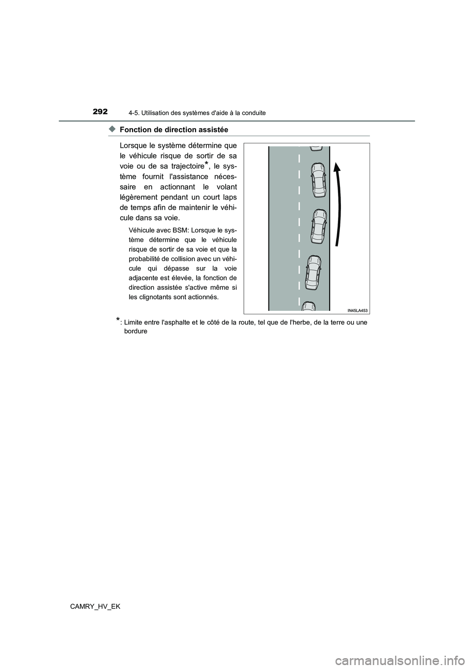 TOYOTA CAMRY 2022 Manuel du propriétaire (in French) 2924-5. Utilisation des systèmes daide à la conduite
CAMRY_HV_EK
◆Fonction de direction assistée
Lorsque le système détermine que
le véhicule risque de sortir de sa
voie ou de sa trajectoi TOYOTA CAMRY 2022 Manuel du propriétaire (in French) 2924-5. Utilisation des systèmes daide à la conduite
CAMRY_HV_EK
◆Fonction de direction assistée
Lorsque le système détermine que
le véhicule risque de sortir de sa
voie ou de sa trajectoi