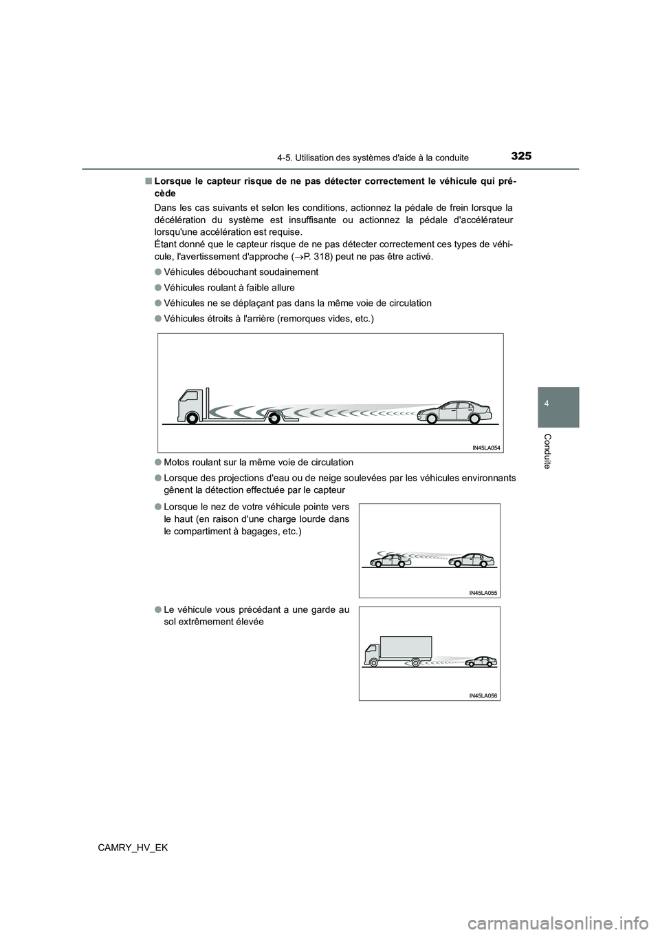 TOYOTA CAMRY 2022 Manuel du propriétaire (in French) 3254-5. Utilisation des systèmes daide à la conduite
4
Conduite
CAMRY_HV_EK
■ Lorsque le capteur risque de ne pas détecter correctement le véhicule qui pré-
cède
Dans les cas suivants et s TOYOTA CAMRY 2022 Manuel du propriétaire (in French) 3254-5. Utilisation des systèmes daide à la conduite
4
Conduite
CAMRY_HV_EK
■ Lorsque le capteur risque de ne pas détecter correctement le véhicule qui pré-
cède
Dans les cas suivants et s