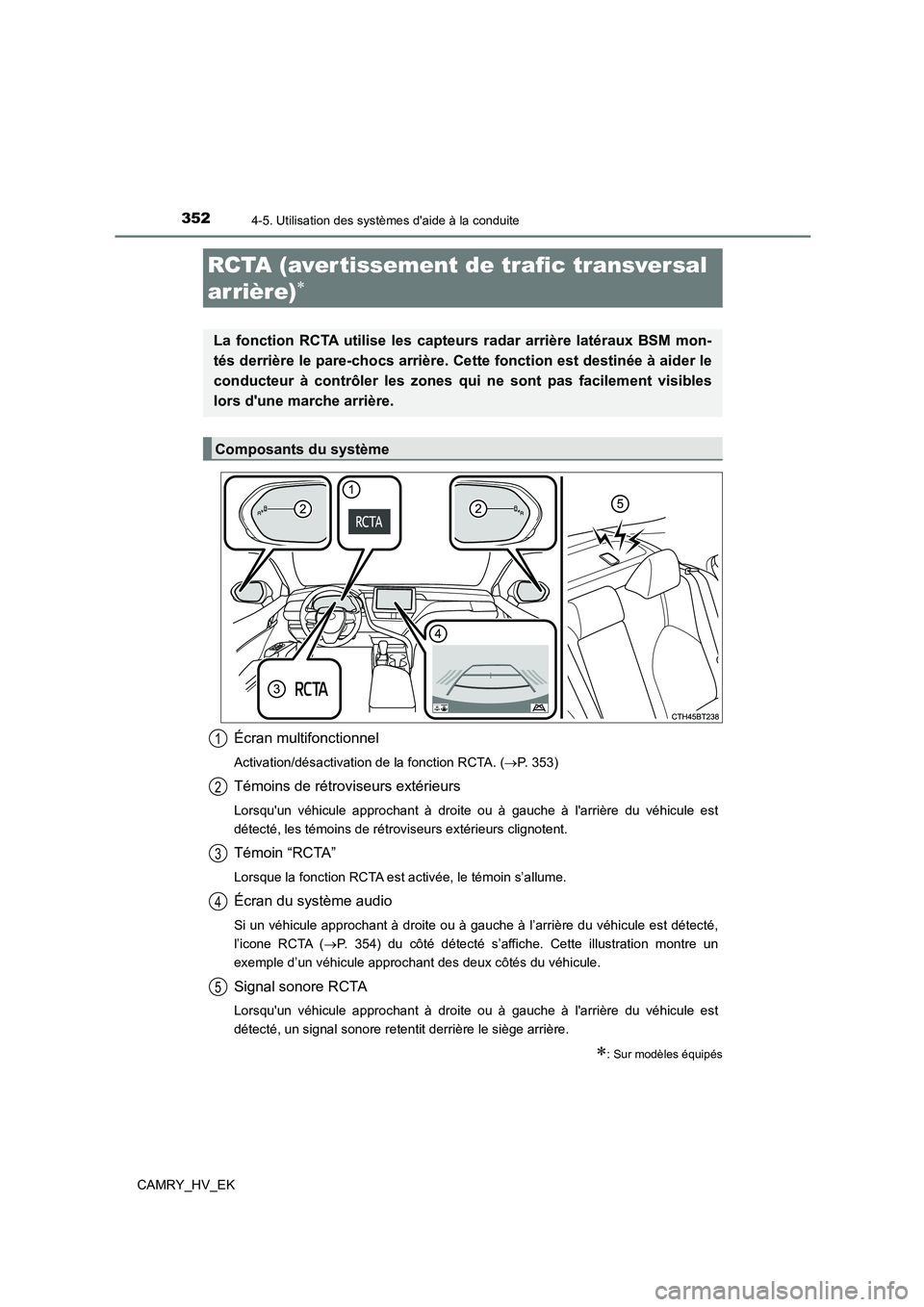 TOYOTA CAMRY 2022 Manuel du propriétaire (in French) 3524-5. Utilisation des systèmes daide à la conduite
CAMRY_HV_EK
Écran multifonctionnel
Activation/désactivation de la fonction RCTA. (P. 353)
Témoins de rétroviseurs extérieurs
Lorsquun v TOYOTA CAMRY 2022 Manuel du propriétaire (in French) 3524-5. Utilisation des systèmes daide à la conduite
CAMRY_HV_EK
Écran multifonctionnel
Activation/désactivation de la fonction RCTA. (P. 353)
Témoins de rétroviseurs extérieurs
Lorsquun v
