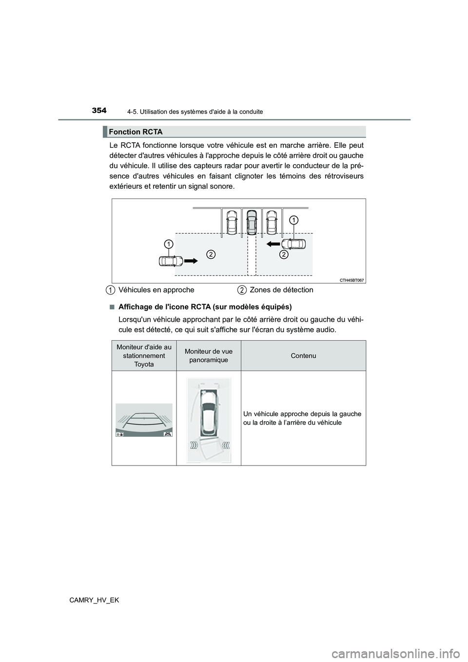 TOYOTA CAMRY 2022 Manuel du propriétaire (in French) 3544-5. Utilisation des systèmes daide à la conduite
CAMRY_HV_EK
Le RCTA fonctionne lorsque votre véhicule est en marche arrière. Elle peut
détecter dautres véhicules à lapproche depuis le TOYOTA CAMRY 2022 Manuel du propriétaire (in French) 3544-5. Utilisation des systèmes daide à la conduite
CAMRY_HV_EK
Le RCTA fonctionne lorsque votre véhicule est en marche arrière. Elle peut
détecter dautres véhicules à lapproche depuis le