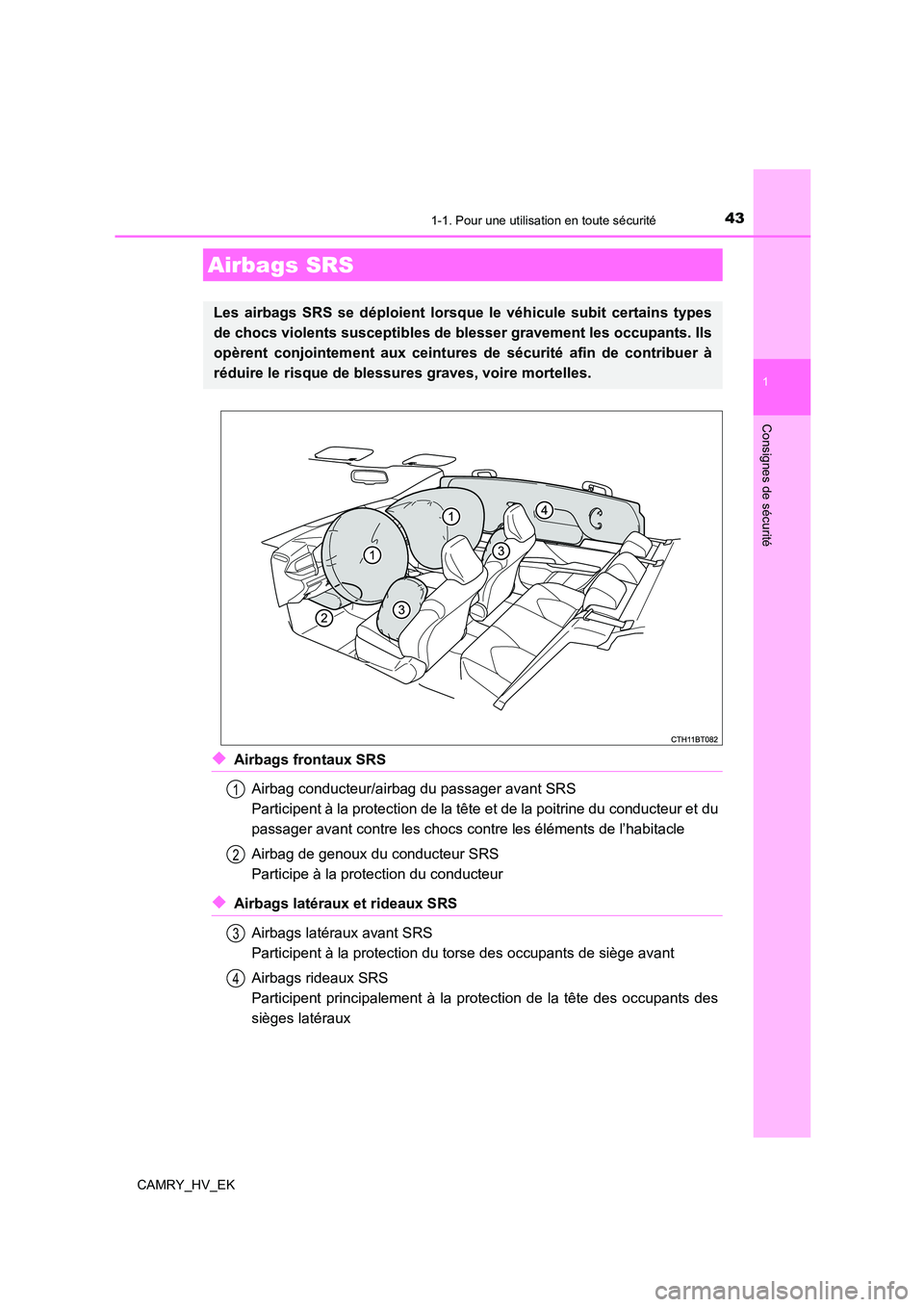 TOYOTA CAMRY 2022 Manuel du propriétaire (in French) 431-1. Pour une utilisation en toute sécurité
1
Consignes de sécurité
CAMRY_HV_EK
◆Airbags frontaux SRS
Airbag conducteur/airbag du passager avant SRS
Participent à la protection de la tête TOYOTA CAMRY 2022 Manuel du propriétaire (in French) 431-1. Pour une utilisation en toute sécurité
1
Consignes de sécurité
CAMRY_HV_EK
◆Airbags frontaux SRS
Airbag conducteur/airbag du passager avant SRS
Participent à la protection de la tête
