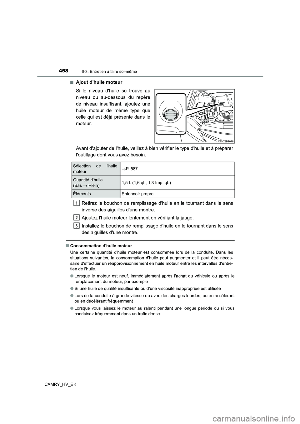TOYOTA CAMRY 2022 Manuel du propriétaire (in French) 4586-3. Entretien à faire soi-même
CAMRY_HV_EK
■Ajout dhuile moteur
Si le niveau dhuile se trouve au
niveau ou au-dessous du repère
de niveau insuffisant, ajoutez une
huile moteur de même TOYOTA CAMRY 2022 Manuel du propriétaire (in French) 4586-3. Entretien à faire soi-même
CAMRY_HV_EK
■Ajout dhuile moteur
Si le niveau dhuile se trouve au
niveau ou au-dessous du repère
de niveau insuffisant, ajoutez une
huile moteur de même