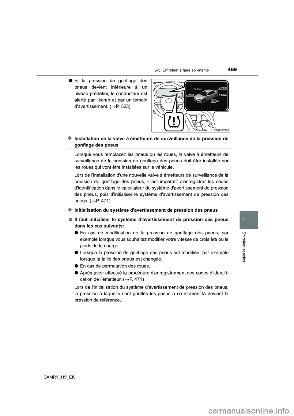 TOYOTA CAMRY 2022 Manuel du propriétaire (in French) 4696-3. Entretien à faire soi-même
6
Entretien et soins
CAMRY_HV_EK
●Si la pression de gonflage des
pneus devient inférieure à un
niveau prédéfini, le conducteur est
alerté par lécran et TOYOTA CAMRY 2022 Manuel du propriétaire (in French) 4696-3. Entretien à faire soi-même
6
Entretien et soins
CAMRY_HV_EK
●Si la pression de gonflage des
pneus devient inférieure à un
niveau prédéfini, le conducteur est
alerté par lécran et