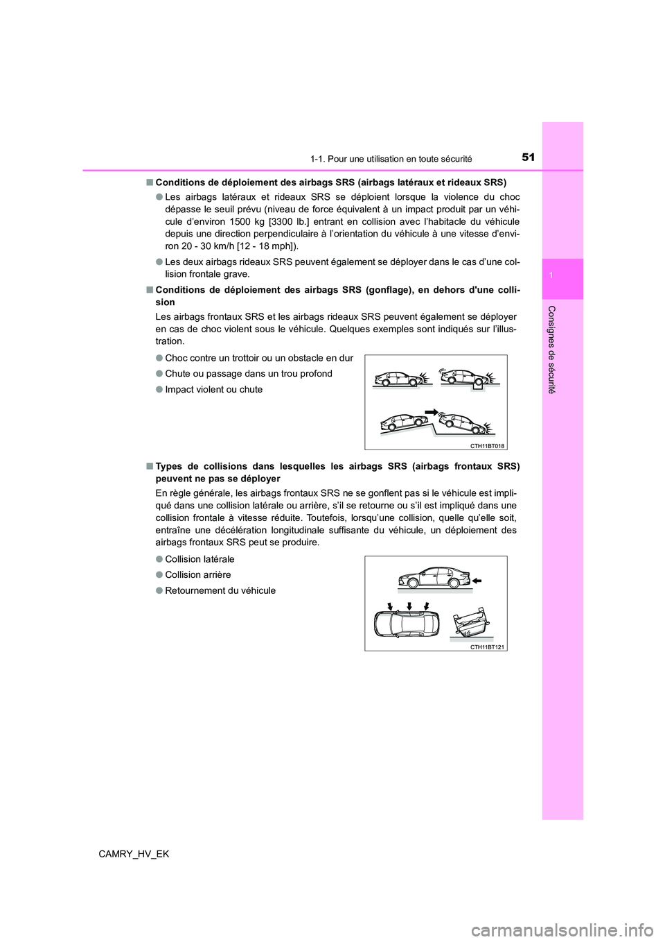 TOYOTA CAMRY 2022 Manuel du propriétaire (in French) 511-1. Pour une utilisation en toute sécurité
1
Consignes de sécurité
CAMRY_HV_EK
■ Conditions de déploiement des airbags SRS (airbags latéraux et rideaux SRS)
● Les airbags latéraux et r TOYOTA CAMRY 2022 Manuel du propriétaire (in French) 511-1. Pour une utilisation en toute sécurité
1
Consignes de sécurité
CAMRY_HV_EK
■ Conditions de déploiement des airbags SRS (airbags latéraux et rideaux SRS)
● Les airbags latéraux et r