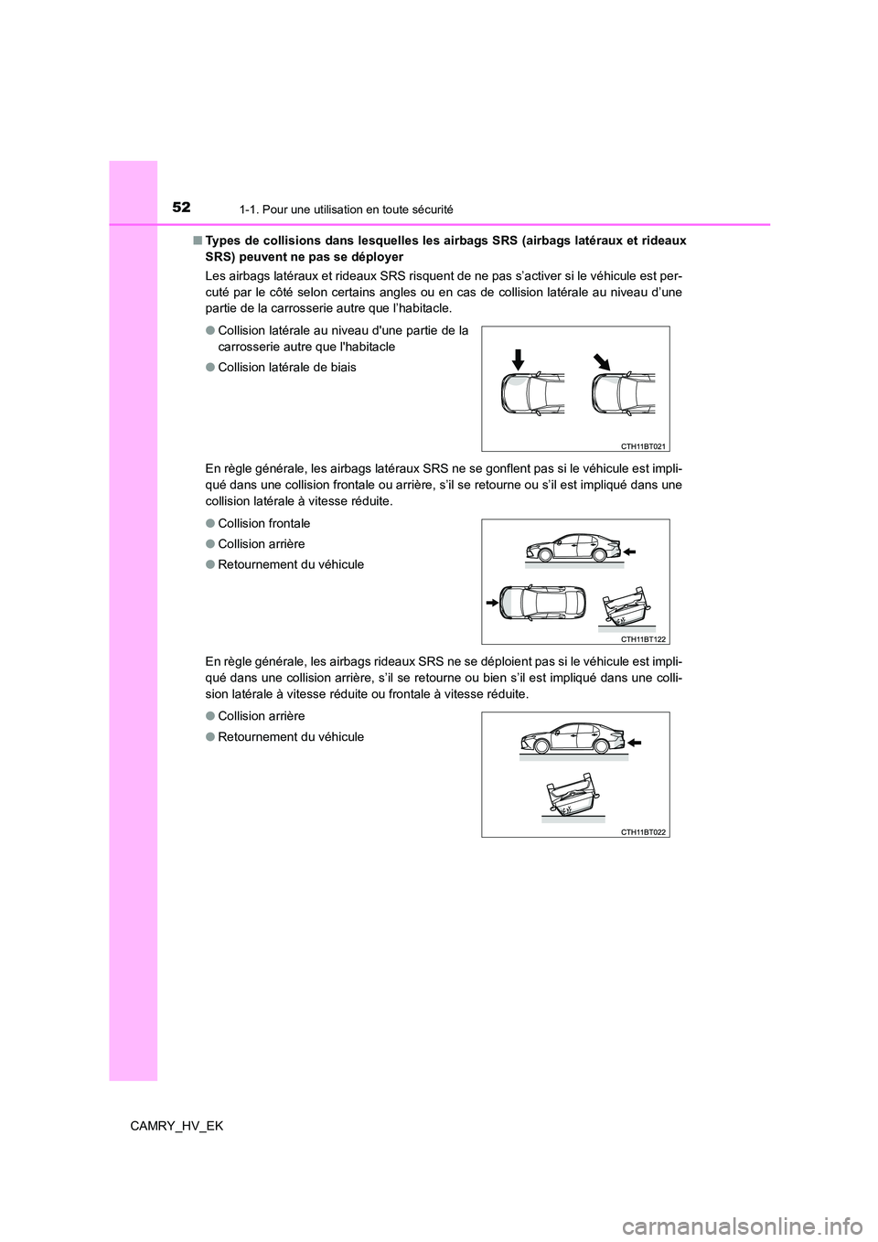 TOYOTA CAMRY 2022 Manuel du propriétaire (in French) 521-1. Pour une utilisation en toute sécurité
CAMRY_HV_EK
■ Types de collisions dans lesquelles les airbags SRS (airbags latéraux et rideaux
SRS) peuvent ne pas se déployer
Les airbags latér TOYOTA CAMRY 2022 Manuel du propriétaire (in French) 521-1. Pour une utilisation en toute sécurité
CAMRY_HV_EK
■ Types de collisions dans lesquelles les airbags SRS (airbags latéraux et rideaux
SRS) peuvent ne pas se déployer
Les airbags latér