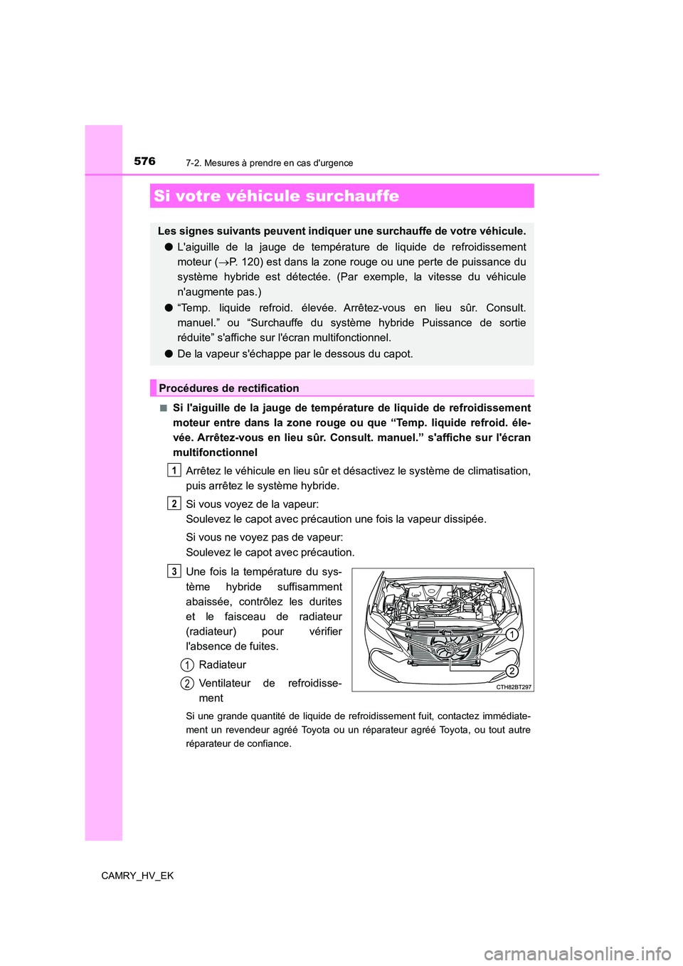 TOYOTA CAMRY 2022 Manuel du propriétaire (in French) 5767-2. Mesures à prendre en cas durgence
CAMRY_HV_EK
■Si laiguille de la jauge de températu re de liquide de refroidissement
moteur entre dans la zone rouge ou que “Temp. liquide refroid. TOYOTA CAMRY 2022 Manuel du propriétaire (in French) 5767-2. Mesures à prendre en cas durgence
CAMRY_HV_EK
■Si laiguille de la jauge de températu re de liquide de refroidissement
moteur entre dans la zone rouge ou que “Temp. liquide refroid.