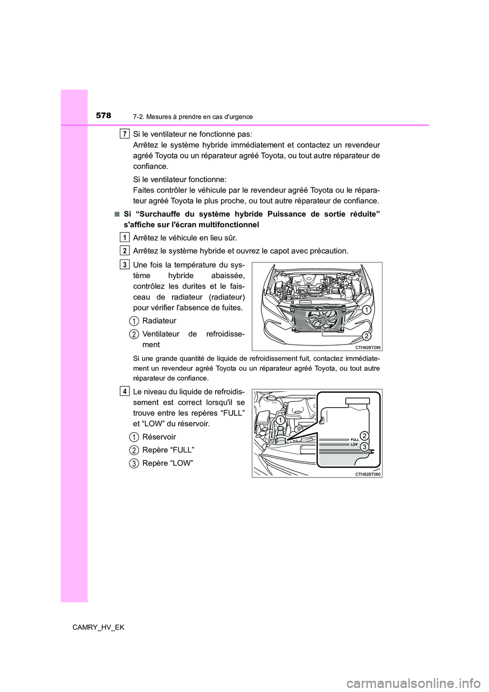 TOYOTA CAMRY 2022 Manuel du propriétaire (in French) 5787-2. Mesures à prendre en cas durgence
CAMRY_HV_EK
Si le ventilateur ne fonctionne pas:
Arrêtez le système hybride immédiatement et contactez un revendeur
agréé Toyota ou un réparateur ag TOYOTA CAMRY 2022 Manuel du propriétaire (in French) 5787-2. Mesures à prendre en cas durgence
CAMRY_HV_EK
Si le ventilateur ne fonctionne pas:
Arrêtez le système hybride immédiatement et contactez un revendeur
agréé Toyota ou un réparateur ag
