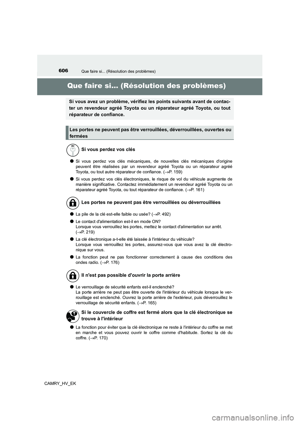 TOYOTA CAMRY 2022 Manuel du propriétaire (in French) 606
CAMRY_HV_EK
Que faire si... (Résolution des problèmes)
Que faire si... (Résolution des problèmes)
●Si vous perdez vos clés mécaniques, de nouvelles clés mécaniques dorigine
peuvent êt TOYOTA CAMRY 2022 Manuel du propriétaire (in French) 606
CAMRY_HV_EK
Que faire si... (Résolution des problèmes)
Que faire si... (Résolution des problèmes)
●Si vous perdez vos clés mécaniques, de nouvelles clés mécaniques dorigine
peuvent êt