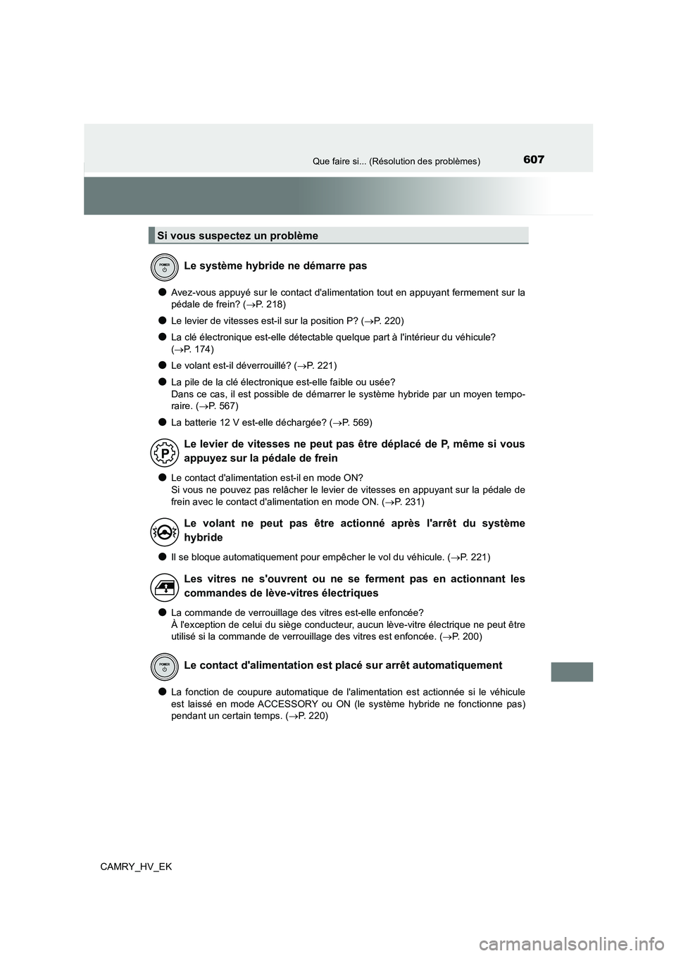 TOYOTA CAMRY 2022 Manuel du propriétaire (in French) 607Que faire si... (Résolution des problèmes)
CAMRY_HV_EK
●Avez-vous appuyé sur le contact dalimentation tout en appuyant fermement sur la
pédale de frein? ( P. 218)
●Le levier de vitesse TOYOTA CAMRY 2022 Manuel du propriétaire (in French) 607Que faire si... (Résolution des problèmes)
CAMRY_HV_EK
●Avez-vous appuyé sur le contact dalimentation tout en appuyant fermement sur la
pédale de frein? ( P. 218)
●Le levier de vitesse