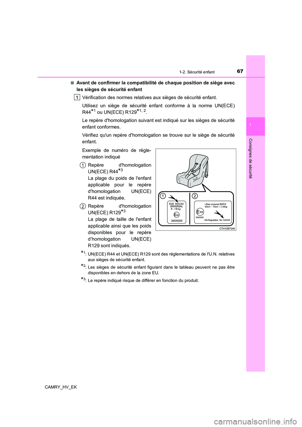 TOYOTA CAMRY 2022 Manuel du propriétaire (in French) 671-2. Sécurité enfant
1
Consignes de sécurité
CAMRY_HV_EK
■Avant de confirmer la compatibilit é de chaque position de siège avec
les sièges de sécurité enfant
Vérification des normes r TOYOTA CAMRY 2022 Manuel du propriétaire (in French) 671-2. Sécurité enfant
1
Consignes de sécurité
CAMRY_HV_EK
■Avant de confirmer la compatibilit é de chaque position de siège avec
les sièges de sécurité enfant
Vérification des normes r