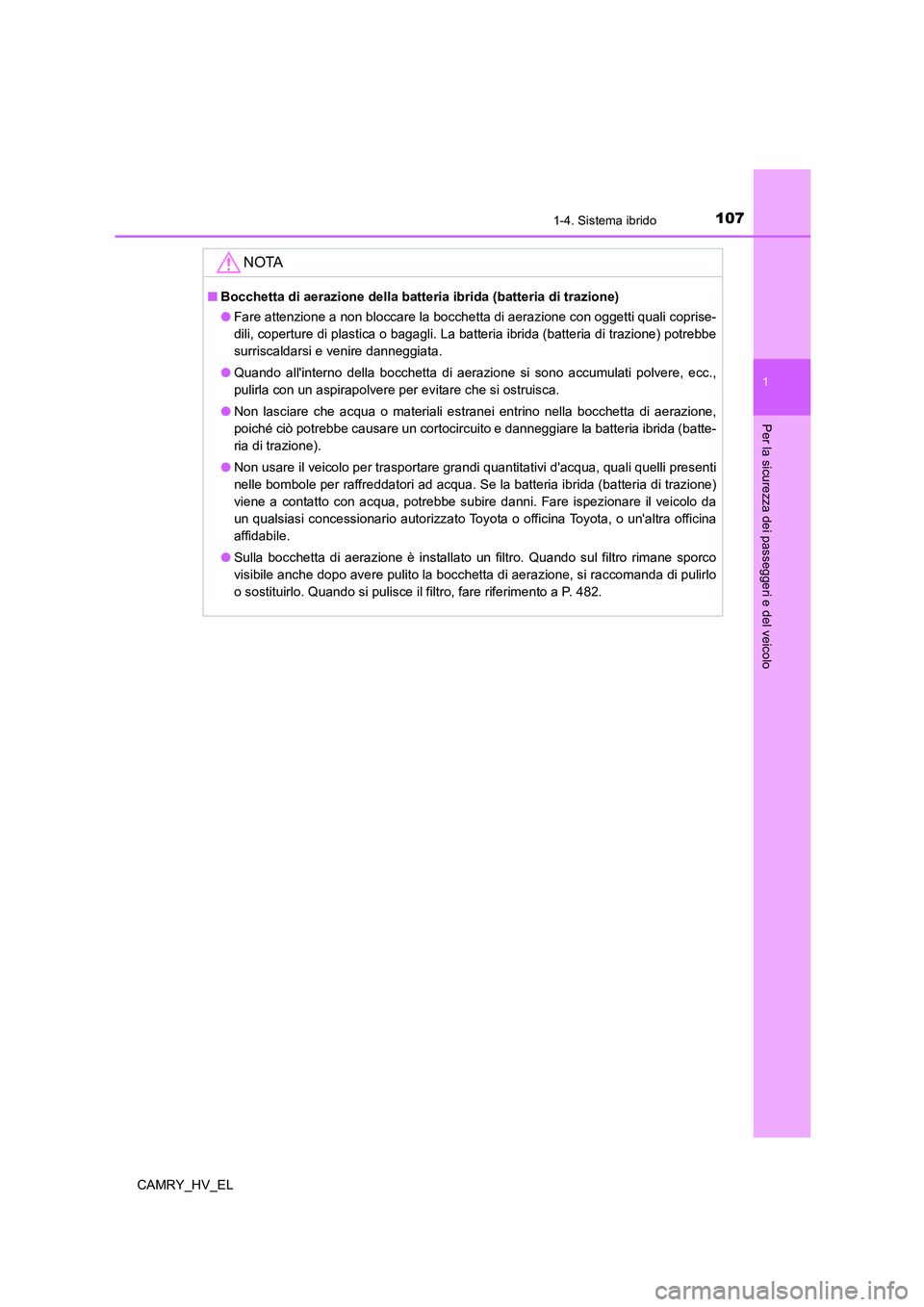 TOYOTA CAMRY 2022  Manuale duso (in Italian) 1071-4. Sistema ibrido
1
Per la sicurezza dei passeggeri e del veicolo
CAMRY_HV_EL
NOTA
■Bocchetta di aerazione della batteria ibrida (batteria di trazione)
●Fare attenzione a non bloccare la bocc