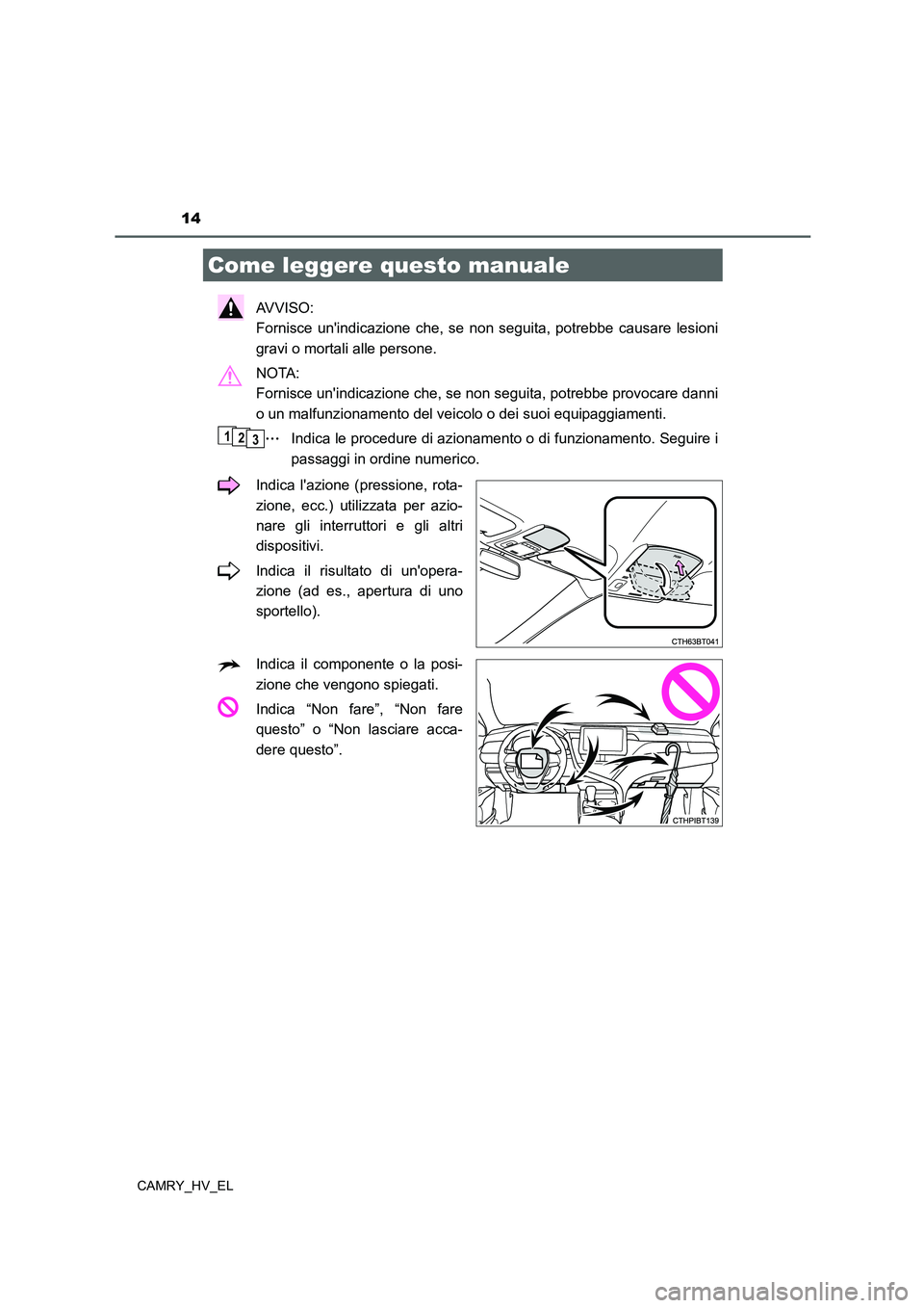 TOYOTA CAMRY 2022 Manuale duso (in Italian) 14
CAMRY_HV_EL
AV V I S O :
Fornisce unindicazione che, se non seguita, potrebbe causare lesioni
gravi o mortali alle persone.
NOTA:
Fornisce unindicazione che, se non seguita, potrebbe provocare TOYOTA CAMRY 2022 Manuale duso (in Italian) 14
CAMRY_HV_EL
AV V I S O :
Fornisce unindicazione che, se non seguita, potrebbe causare lesioni
gravi o mortali alle persone.
NOTA:
Fornisce unindicazione che, se non seguita, potrebbe provocare