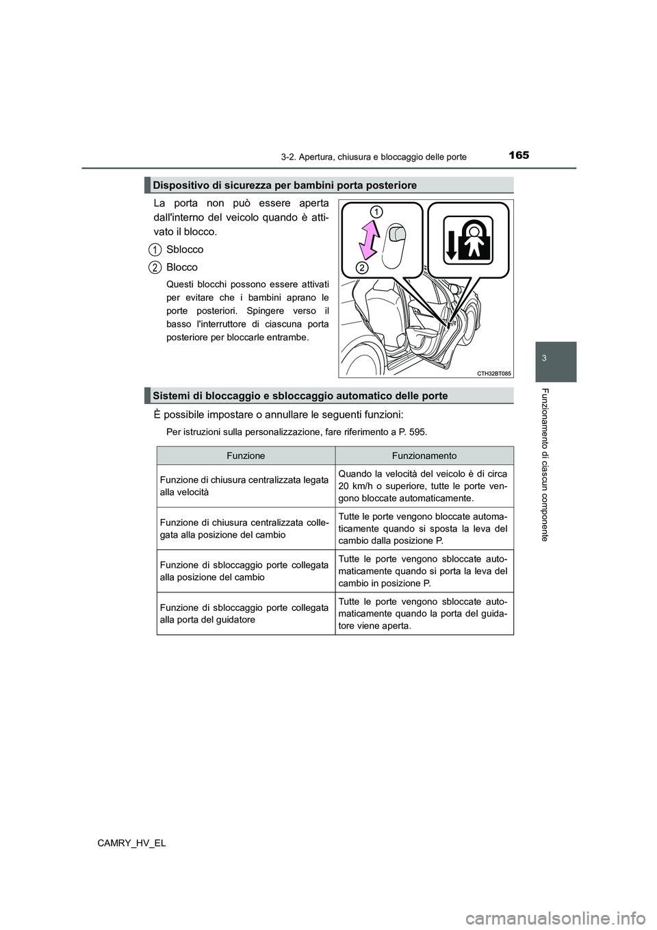 TOYOTA CAMRY 2022 Manuale duso (in Italian) 1653-2. Apertura, chiusura e bloccaggio delle porte
3
Funzionamento di ciascun componente
CAMRY_HV_EL
La porta non può essere aperta
dallinterno del veicolo quando è atti-
vato il blocco.
Sblocco
B TOYOTA CAMRY 2022 Manuale duso (in Italian) 1653-2. Apertura, chiusura e bloccaggio delle porte
3
Funzionamento di ciascun componente
CAMRY_HV_EL
La porta non può essere aperta
dallinterno del veicolo quando è atti-
vato il blocco.
Sblocco
B
