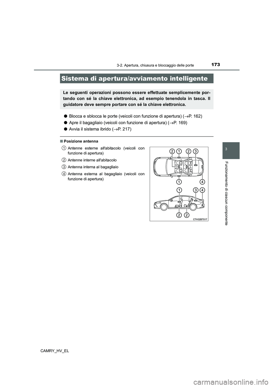 TOYOTA CAMRY 2022 Manuale duso (in Italian) 1733-2. Apertura, chiusura e bloccaggio delle porte
3
Funzionamento di ciascun componente
CAMRY_HV_EL
●Blocca e sblocca le porte (veicoli con funzione di apertura) (P. 162)
●Apre il bagagliaio TOYOTA CAMRY 2022 Manuale duso (in Italian) 1733-2. Apertura, chiusura e bloccaggio delle porte
3
Funzionamento di ciascun componente
CAMRY_HV_EL
●Blocca e sblocca le porte (veicoli con funzione di apertura) (P. 162)
●Apre il bagagliaio