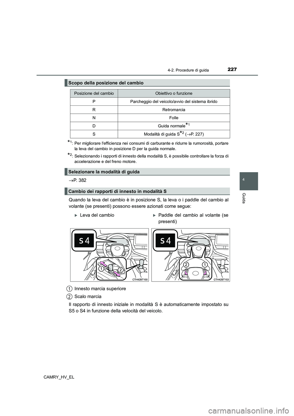 TOYOTA CAMRY 2022 Manuale duso (in Italian) 2274-2. Procedure di guida
4
Guida
CAMRY_HV_EL
*1: Per migliorare lefficienza nei consumi di carburante e ridurre la rumorosità, portare
la leva del cambio in posizione D per la guida normale.
*2: S TOYOTA CAMRY 2022 Manuale duso (in Italian) 2274-2. Procedure di guida
4
Guida
CAMRY_HV_EL
*1: Per migliorare lefficienza nei consumi di carburante e ridurre la rumorosità, portare
la leva del cambio in posizione D per la guida normale.
*2: S
