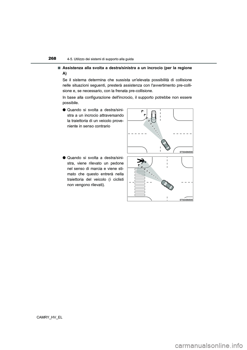TOYOTA CAMRY 2022 Manuale duso (in Italian) 2684-5. Utilizzo dei sistemi di supporto alla guida
CAMRY_HV_EL■
Assistenza alla svolta a destra/sinistra a un incrocio (per la regione
A)
Se il sistema determina che sussista unelevata possibilit TOYOTA CAMRY 2022 Manuale duso (in Italian) 2684-5. Utilizzo dei sistemi di supporto alla guida
CAMRY_HV_EL■
Assistenza alla svolta a destra/sinistra a un incrocio (per la regione
A)
Se il sistema determina che sussista unelevata possibilit