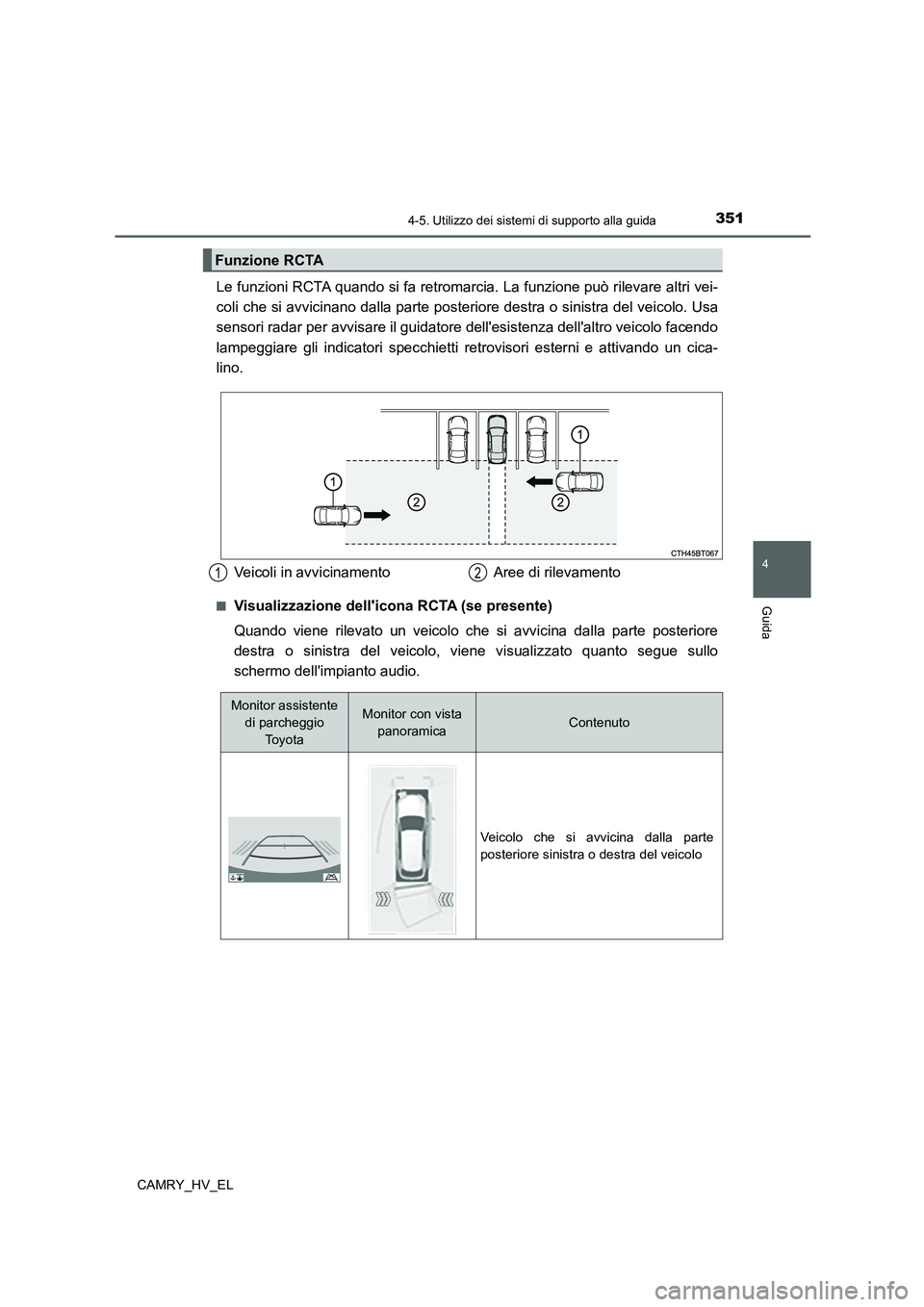 TOYOTA CAMRY 2022 Manuale duso (in Italian) 3514-5. Utilizzo dei sistemi di supporto alla guida
4
Guida
CAMRY_HV_EL
Le funzioni RCTA quando si fa retromarcia. La funzione può rilevare altri vei-
coli che si avvicinano dalla parte posteriore de TOYOTA CAMRY 2022 Manuale duso (in Italian) 3514-5. Utilizzo dei sistemi di supporto alla guida
4
Guida
CAMRY_HV_EL
Le funzioni RCTA quando si fa retromarcia. La funzione può rilevare altri vei-
coli che si avvicinano dalla parte posteriore de