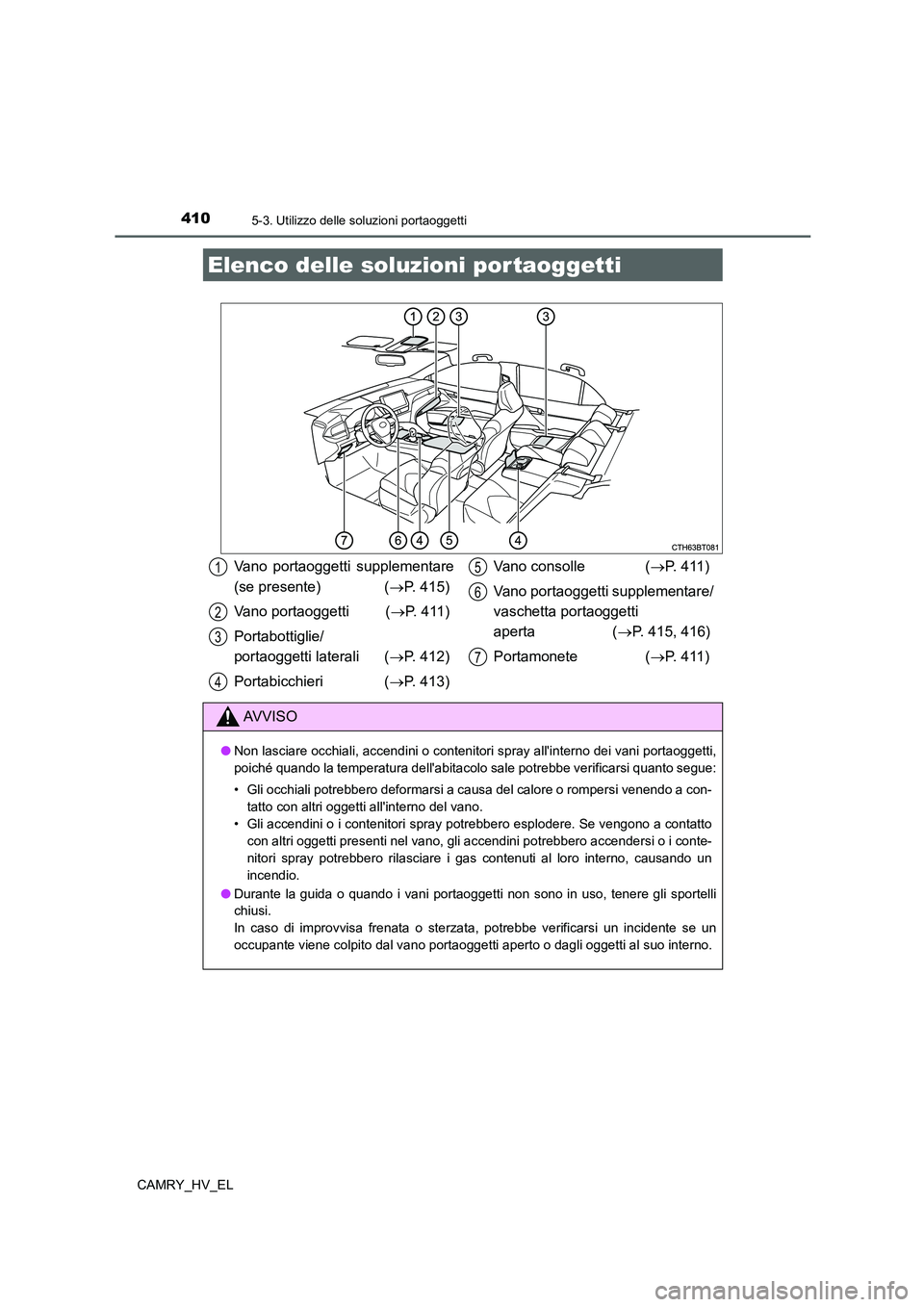 TOYOTA CAMRY 2022  Manuale duso (in Italian) 410
CAMRY_HV_EL
5-3. Utilizzo delle soluzioni portaoggetti
Elenco delle soluzioni por taoggetti
Vano portaoggetti supplementare
(se presente) (P. 415)
Vano portaoggetti (P. 411)
Portabottiglie/
