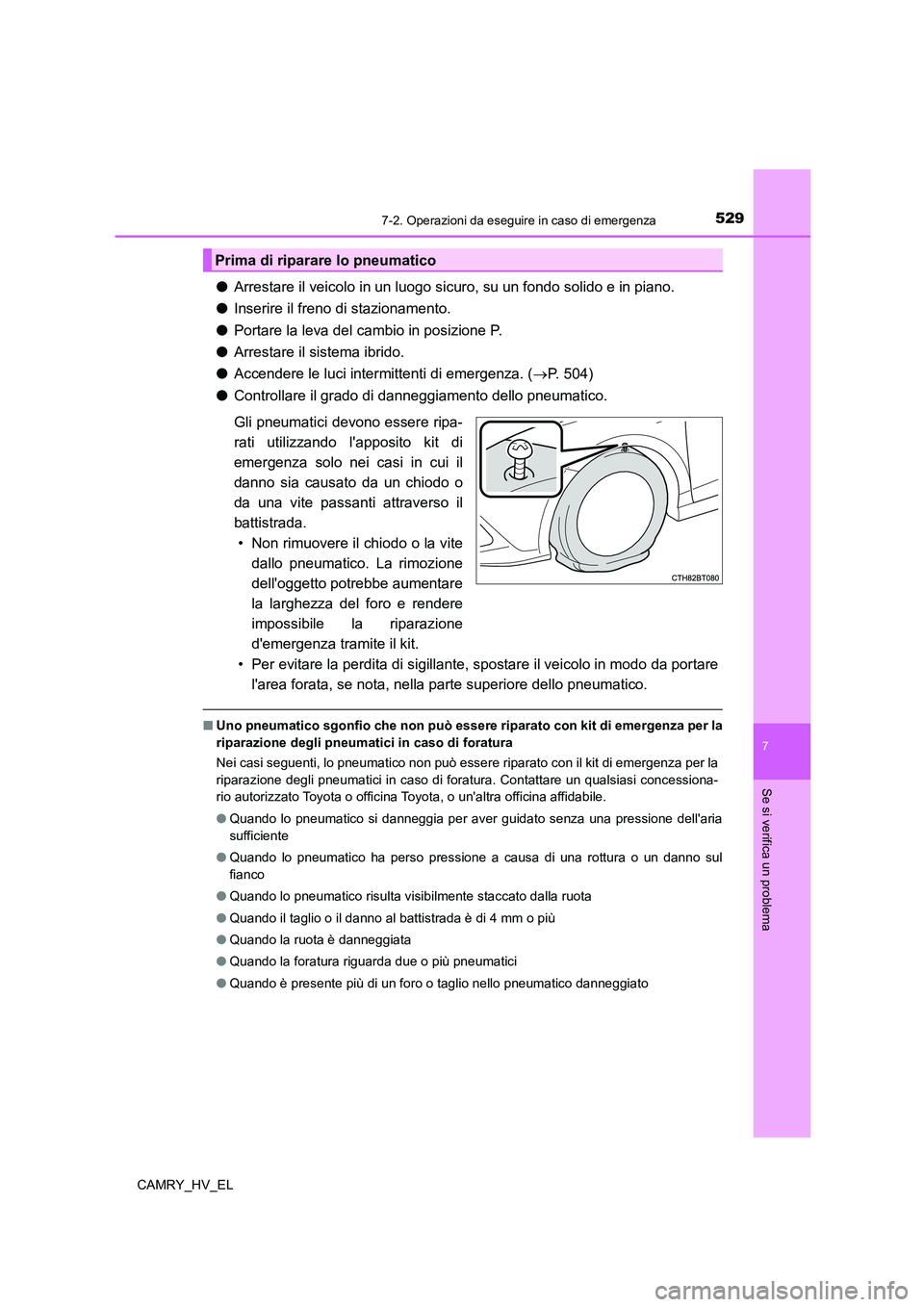 TOYOTA CAMRY 2022  Manuale duso (in Italian) 5297-2. Operazioni da eseguire in caso di emergenza
7
Se si verifica un problema
CAMRY_HV_EL
●Arrestare il veicolo in un luogo sicuro, su un fondo solido e in piano.
●Inserire il freno di staziona