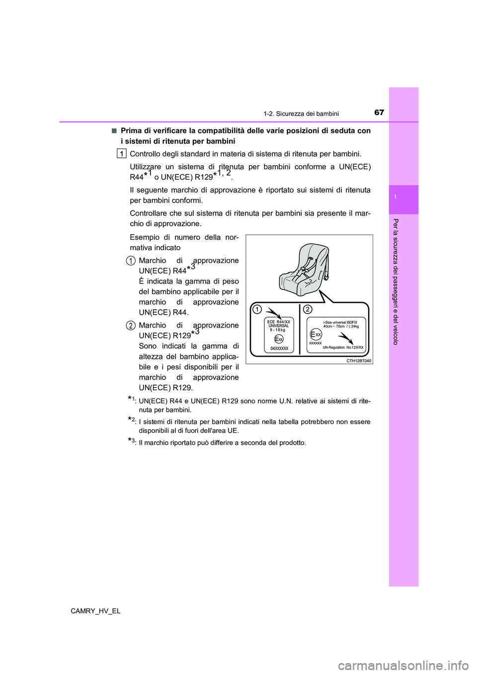 TOYOTA CAMRY 2022 Manuale duso (in Italian) 671-2. Sicurezza dei bambini
1
Per la sicurezza dei passeggeri e del veicolo
CAMRY_HV_EL■
Prima di verificare la compatibilità delle varie posizioni di seduta con
i sistemi di ritenuta per bambini
TOYOTA CAMRY 2022 Manuale duso (in Italian) 671-2. Sicurezza dei bambini
1
Per la sicurezza dei passeggeri e del veicolo
CAMRY_HV_EL■
Prima di verificare la compatibilità delle varie posizioni di seduta con
i sistemi di ritenuta per bambini