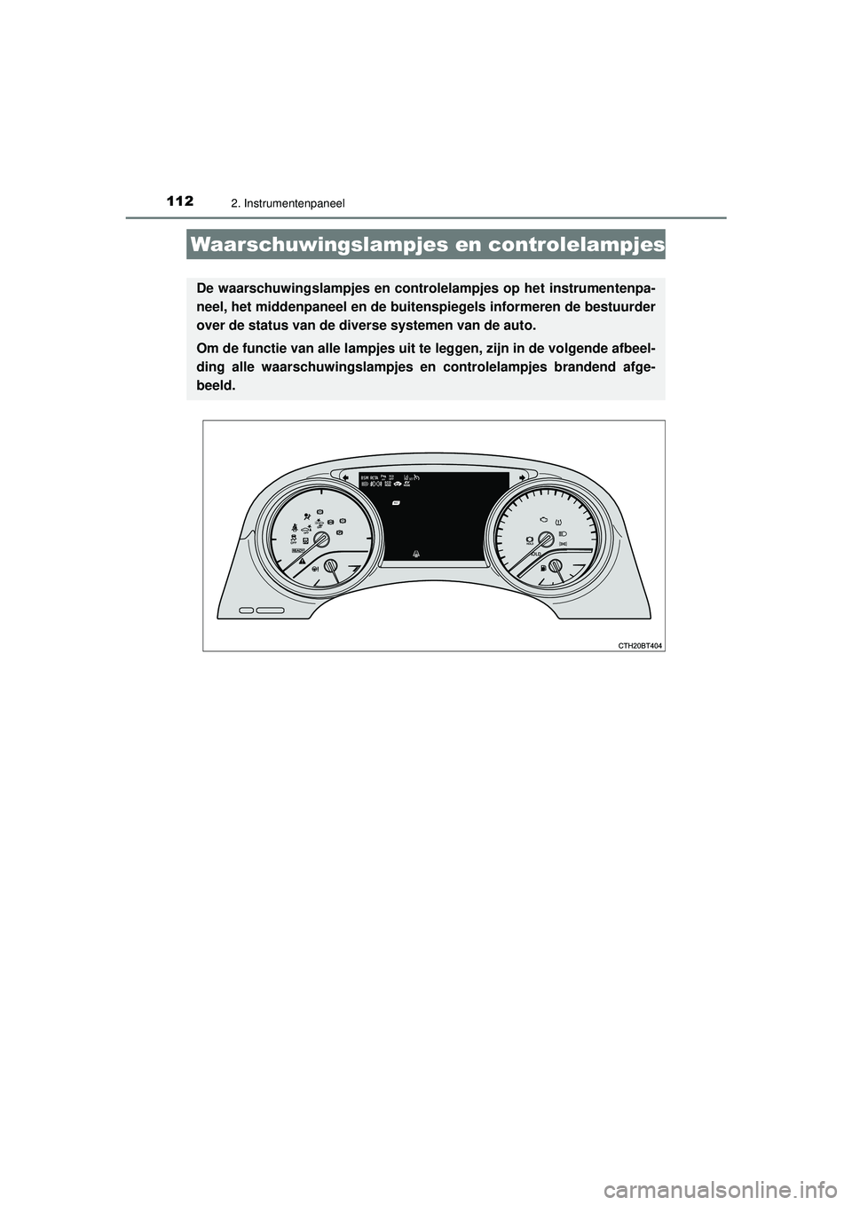 TOYOTA CAMRY 2022  Instructieboekje (in Dutch) 112
CAMRY_HV_EE
2. Instrumentenpaneel
Waarschuwingslampjes en controlelampjes
De waarschuwingslampjes en controlelampjes op het instrumentenpa-
neel, het middenpaneel en de buitenspiegels informeren d