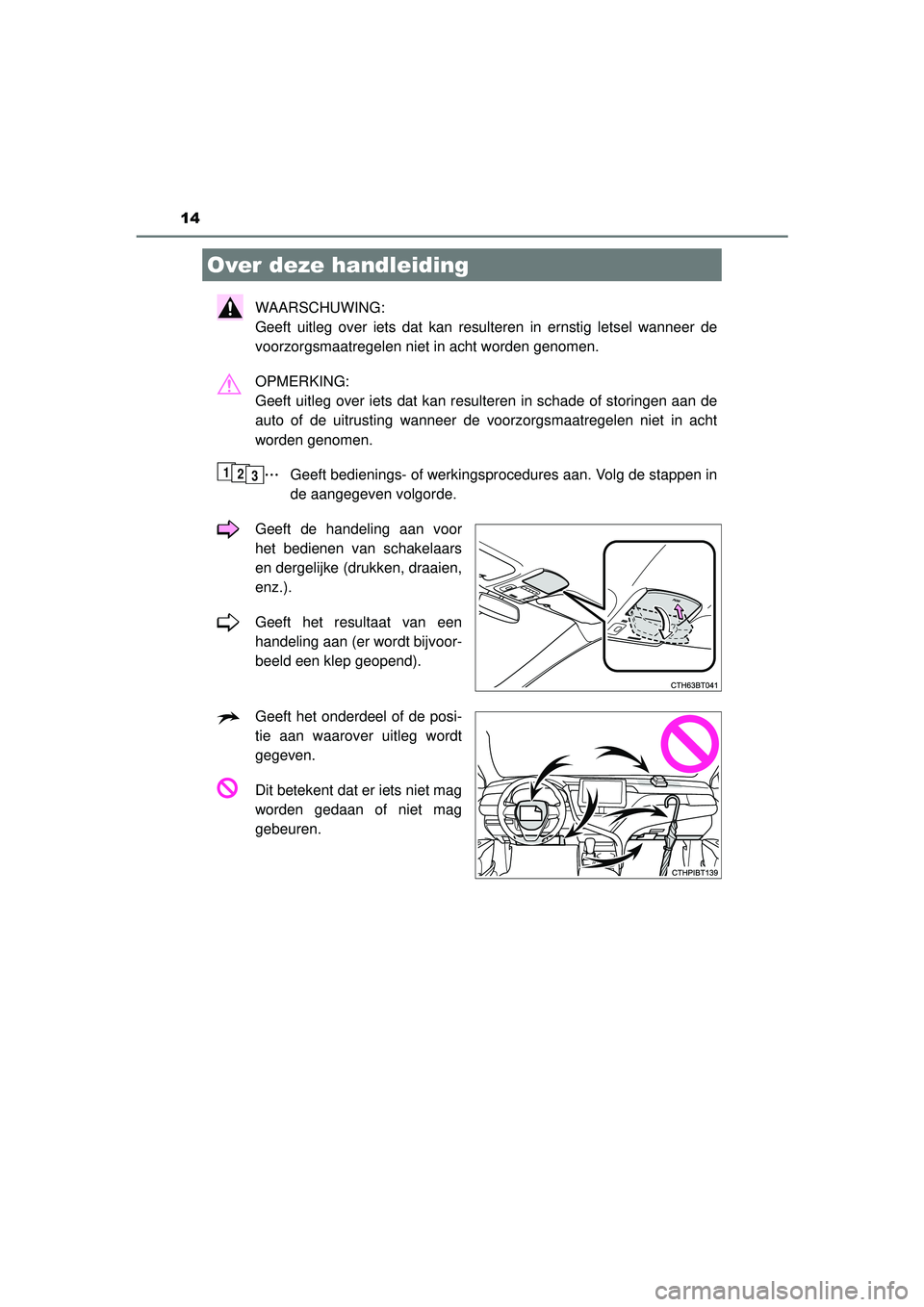 TOYOTA CAMRY 2022  Instructieboekje (in Dutch) 14
CAMRY_HV_EE
WAARSCHUWING: 
Geeft uitleg over iets dat kan resulteren in ernstig letsel wanneer de
voorzorgsmaatregelen niet in acht worden genomen.
OPMERKING: 
Geeft uitleg over iets dat kan result
