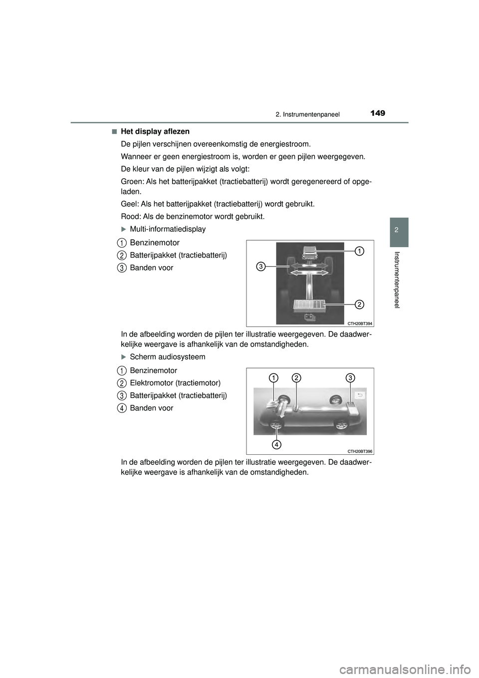 TOYOTA CAMRY 2022 Instructieboekje (in Dutch) 1492. Instrumentenpaneel
CAMRY_HV_EE
2
Instrumentenpaneel
■Het display aflezen
De pijlen verschijnen overeenkomstig de energiestroom.
Wanneer er geen energiestroom is, worden er geen pijlen weergege TOYOTA CAMRY 2022 Instructieboekje (in Dutch) 1492. Instrumentenpaneel
CAMRY_HV_EE
2
Instrumentenpaneel
■Het display aflezen
De pijlen verschijnen overeenkomstig de energiestroom.
Wanneer er geen energiestroom is, worden er geen pijlen weergege
