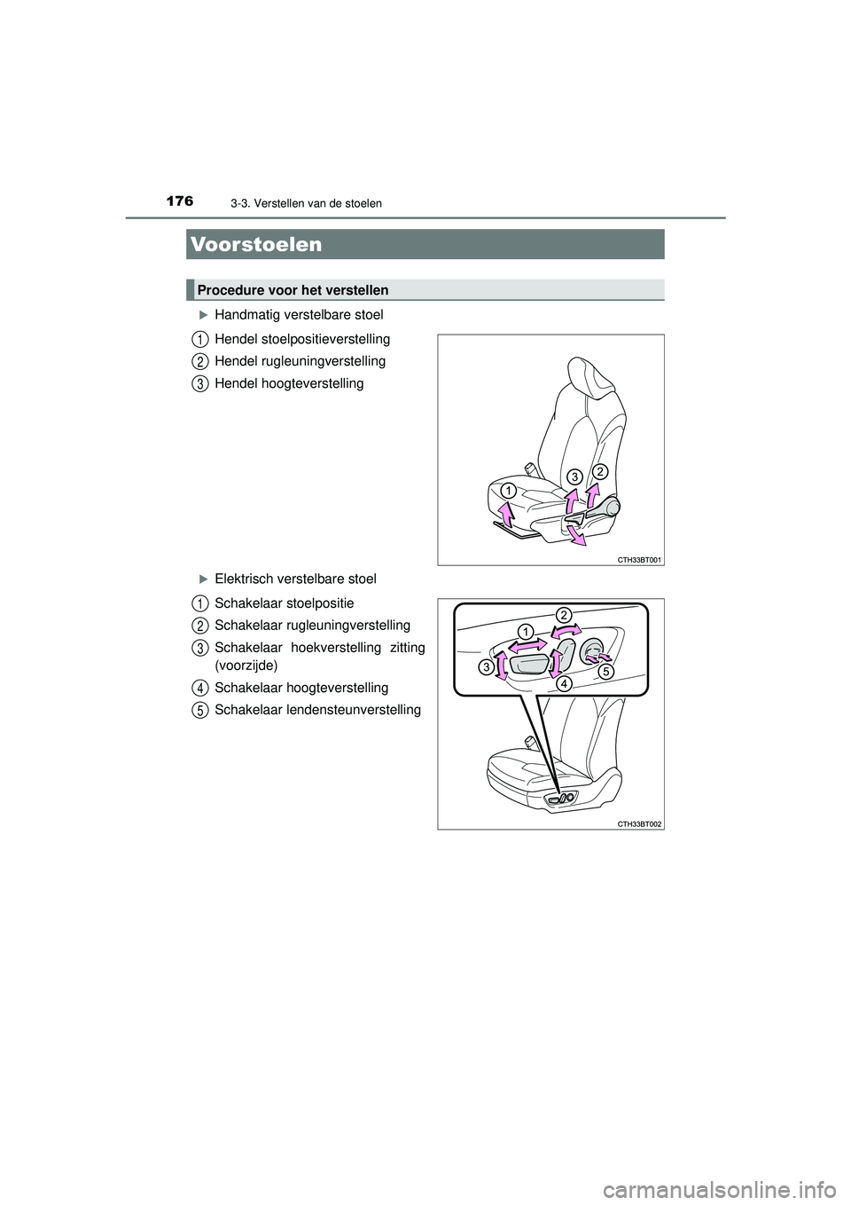 TOYOTA CAMRY 2022  Instructieboekje (in Dutch) 176
CAMRY_HV_EE
3-3. Verstellen van de stoelen

Handmatig verstelbare stoel
Hendel stoelpositieverstelling
Hendel rugleuningverstelling
Hendel hoogteverstelling
Elektrisch verstelbare stoel
Scha