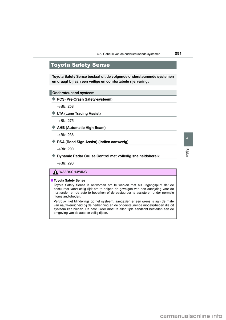 TOYOTA CAMRY 2022  Instructieboekje (in Dutch) 251
CAMRY_HV_EE
4
Rijden
4-5. Gebruik van de ondersteunende systemen
◆PCS (Pre-Crash Safety-systeem)
Blz. 258
◆LTA (Lane Tracing Assist)
Blz. 275
◆AHB (Automatic High Beam)
Blz. 236
◆