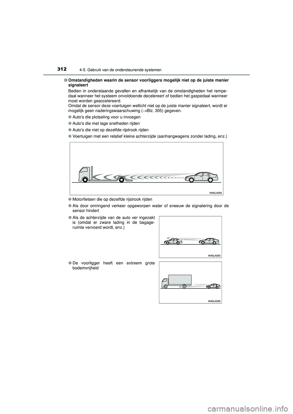 TOYOTA CAMRY 2022 Instructieboekje (in Dutch) 3124-5. Gebruik van de ondersteunende systemen
CAMRY_HV_EE■
Omstandigheden waarin de sensor voorligg ers mogelijk niet op de juiste manier
signaleert
Bedien in onderstaande gevallen en afhankelijk v TOYOTA CAMRY 2022 Instructieboekje (in Dutch) 3124-5. Gebruik van de ondersteunende systemen
CAMRY_HV_EE■
Omstandigheden waarin de sensor voorligg ers mogelijk niet op de juiste manier
signaleert
Bedien in onderstaande gevallen en afhankelijk v