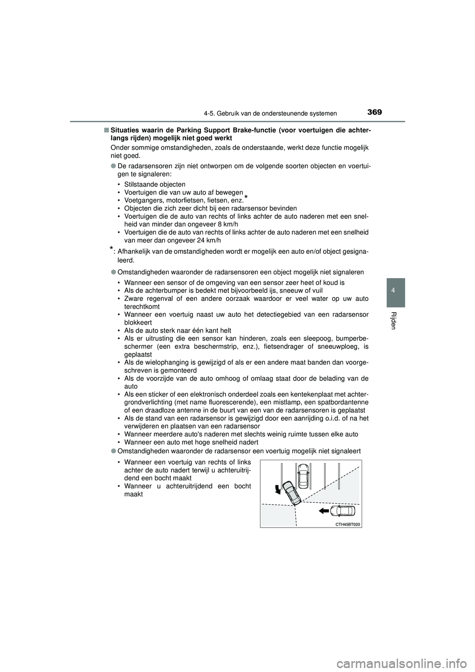 TOYOTA CAMRY 2022 Instructieboekje (in Dutch) 3694-5. Gebruik van de ondersteunende systemen
CAMRY_HV_EE
4
Rijden
■Situaties waarin de Parking Support Br ake-functie (voor voertuigen die achter-
langs rijden) mogelij k niet goed werkt
Onder som TOYOTA CAMRY 2022 Instructieboekje (in Dutch) 3694-5. Gebruik van de ondersteunende systemen
CAMRY_HV_EE
4
Rijden
■Situaties waarin de Parking Support Br ake-functie (voor voertuigen die achter-
langs rijden) mogelij k niet goed werkt
Onder som