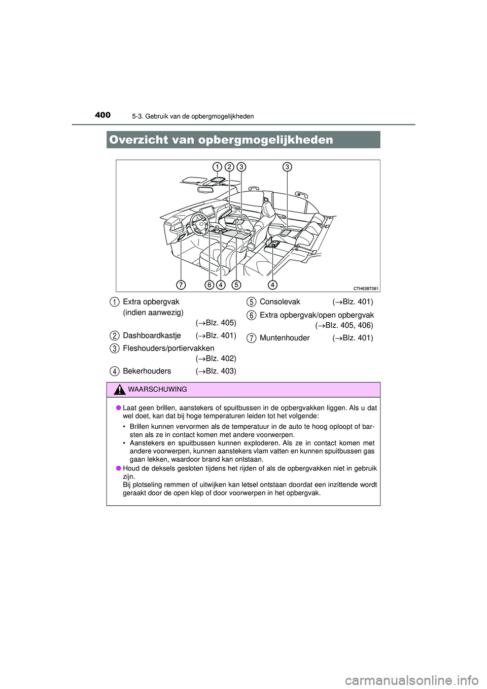 TOYOTA CAMRY 2022 Instructieboekje (in Dutch) 400
CAMRY_HV_EE
5-3. Gebruik van de opbergmogelijkheden
Overzicht van opbergmogelijkheden
Extra opbergvak
(indien aanwezig)
(Blz. 405)
Dashboardkastje ( Blz. 401)
Fleshouders/portiervakken ( TOYOTA CAMRY 2022 Instructieboekje (in Dutch) 400
CAMRY_HV_EE
5-3. Gebruik van de opbergmogelijkheden
Overzicht van opbergmogelijkheden
Extra opbergvak
(indien aanwezig)
(Blz. 405)
Dashboardkastje ( Blz. 401)
Fleshouders/portiervakken (