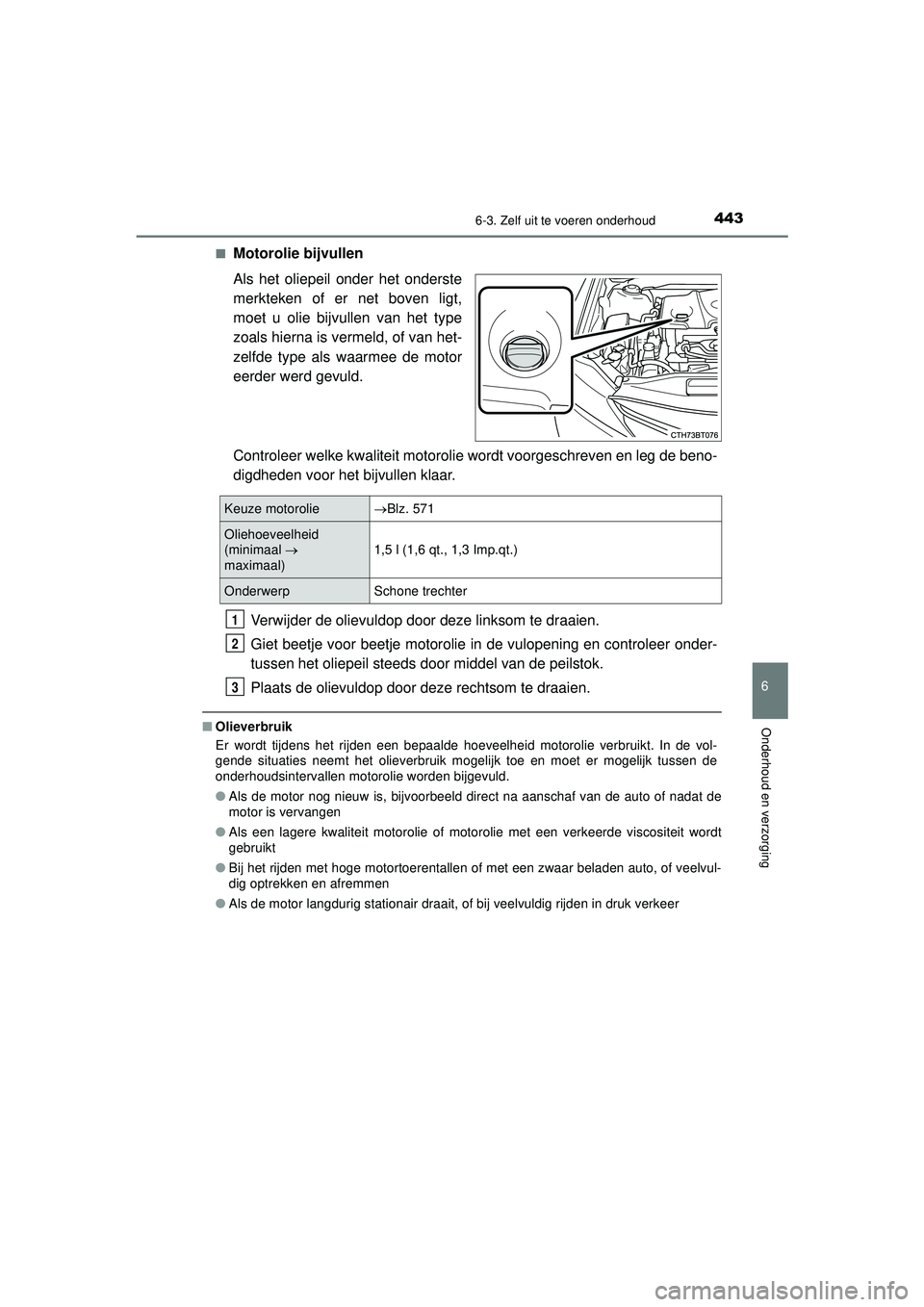 TOYOTA CAMRY 2022 Instructieboekje (in Dutch) 4436-3. Zelf uit te voeren onderhoud
CAMRY_HV_EE
6
Onderhoud en verzorging
■Motorolie bijvullen
Als het oliepeil onder het onderste
merkteken of er net boven ligt,
moet u olie bijvullen van het type TOYOTA CAMRY 2022 Instructieboekje (in Dutch) 4436-3. Zelf uit te voeren onderhoud
CAMRY_HV_EE
6
Onderhoud en verzorging
■Motorolie bijvullen
Als het oliepeil onder het onderste
merkteken of er net boven ligt,
moet u olie bijvullen van het type