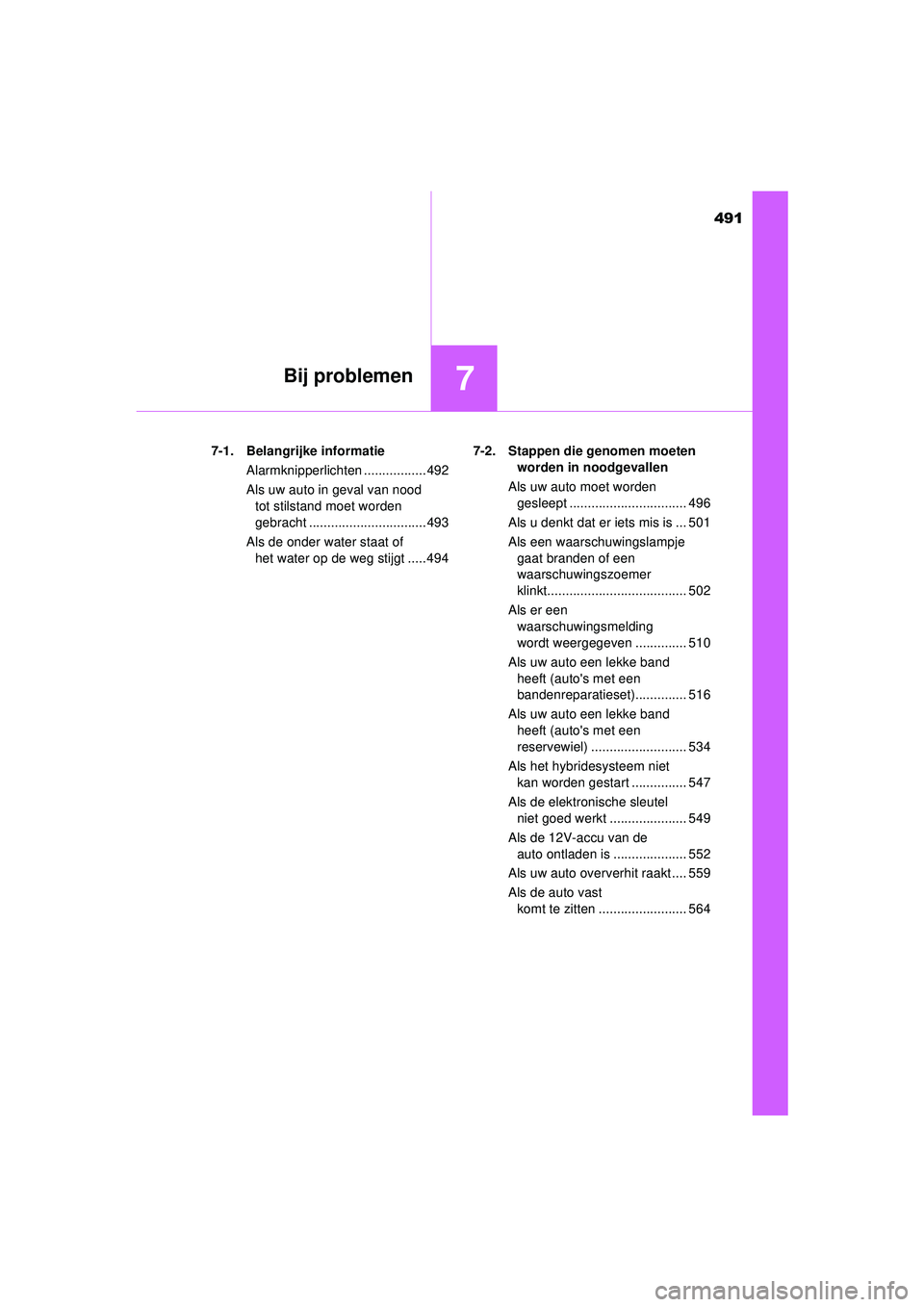 TOYOTA CAMRY 2022  Instructieboekje (in Dutch) 491
7Bij problemen
CAMRY_HV_EE7-1. Belangrijke informatie
Alarmknipperlichten ................. 492
Als uw auto in geval van nood tot stilstand moet worden 
gebracht ................................ 4