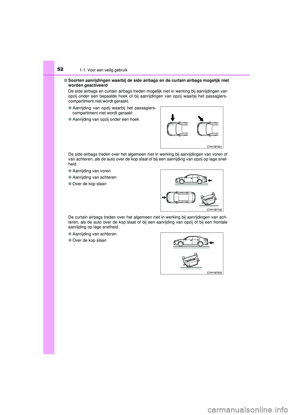 TOYOTA CAMRY 2022 Instructieboekje (in Dutch) 521-1. Voor een veilig gebruik
CAMRY_HV_EE■
Soorten aanrijdingen waarbij de side airb ags en de curtain airbags mogelijk niet
worden geactiveerd
De side airbags en curtain airbags treden mogelijk ni TOYOTA CAMRY 2022 Instructieboekje (in Dutch) 521-1. Voor een veilig gebruik
CAMRY_HV_EE■
Soorten aanrijdingen waarbij de side airb ags en de curtain airbags mogelijk niet
worden geactiveerd
De side airbags en curtain airbags treden mogelijk ni