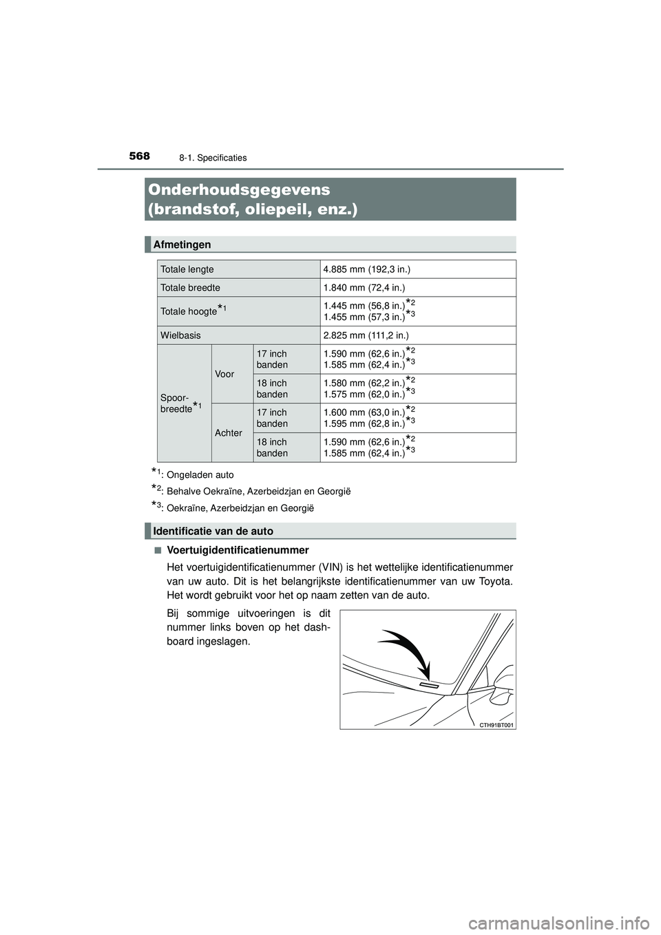 TOYOTA CAMRY 2022  Instructieboekje (in Dutch) 568
CAMRY_HV_EE
8-1. Specificaties
*1: Ongeladen auto
*2: Behalve Oekraïne, Azerbeidzjan en Georgië
*3: Oekraïne, Azerbeidzjan en  Georgië
■
Voertuigidentificatienummer
Het voertuigidentificatie