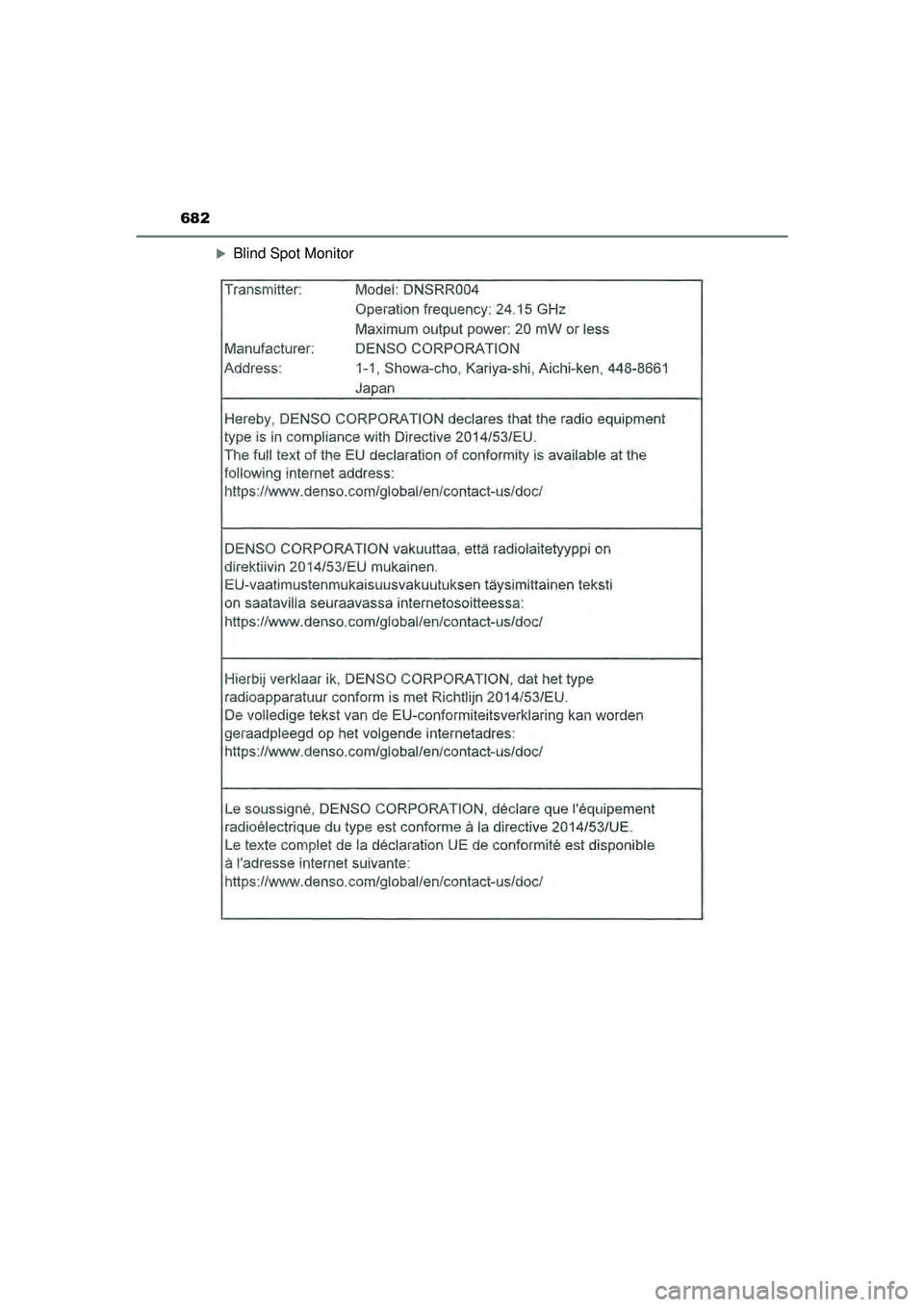 TOYOTA CAMRY 2022 Instructieboekje (in Dutch) 682
CAMRY_HV_EE
Blind Spot Monitor
CAMRY_HV_OM_Europe_OM33F05E.book Page 682 Wednesday, January 20, 2021 6:09 PM TOYOTA CAMRY 2022 Instructieboekje (in Dutch) 682
CAMRY_HV_EE
Blind Spot Monitor
CAMRY_HV_OM_Europe_OM33F05E.book Page 682 Wednesday, January 20, 2021 6:09 PM
