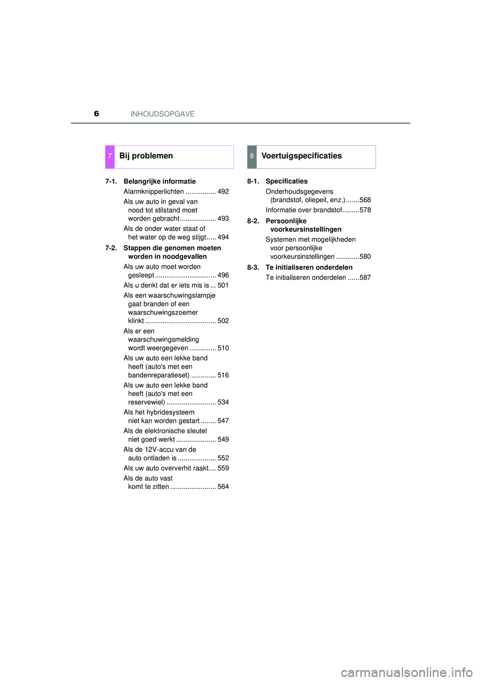 TOYOTA CAMRY 2022  Instructieboekje (in Dutch) INHOUDSOPGAVE6
CAMRY_HV_EE7-1. Belangrijke informatie
Alarmknipperlichten ................ 492
Als uw auto in geval van nood tot stilstand moet 
worden gebracht ................... 493
Als de onder wa